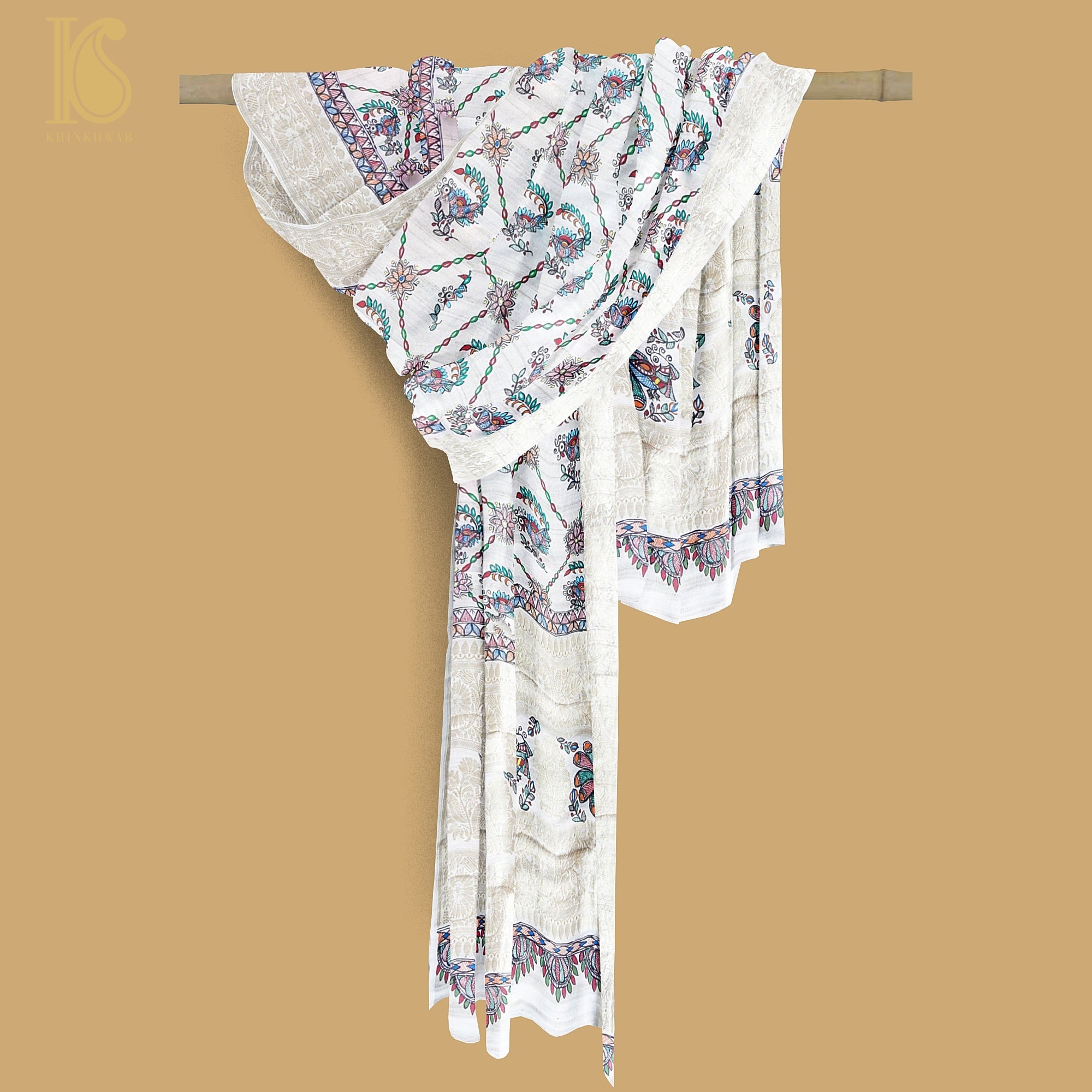 Handloom Pure Tussar Silk Hand Painted Madhubani Banarasi Dupatta - Khinkhwab