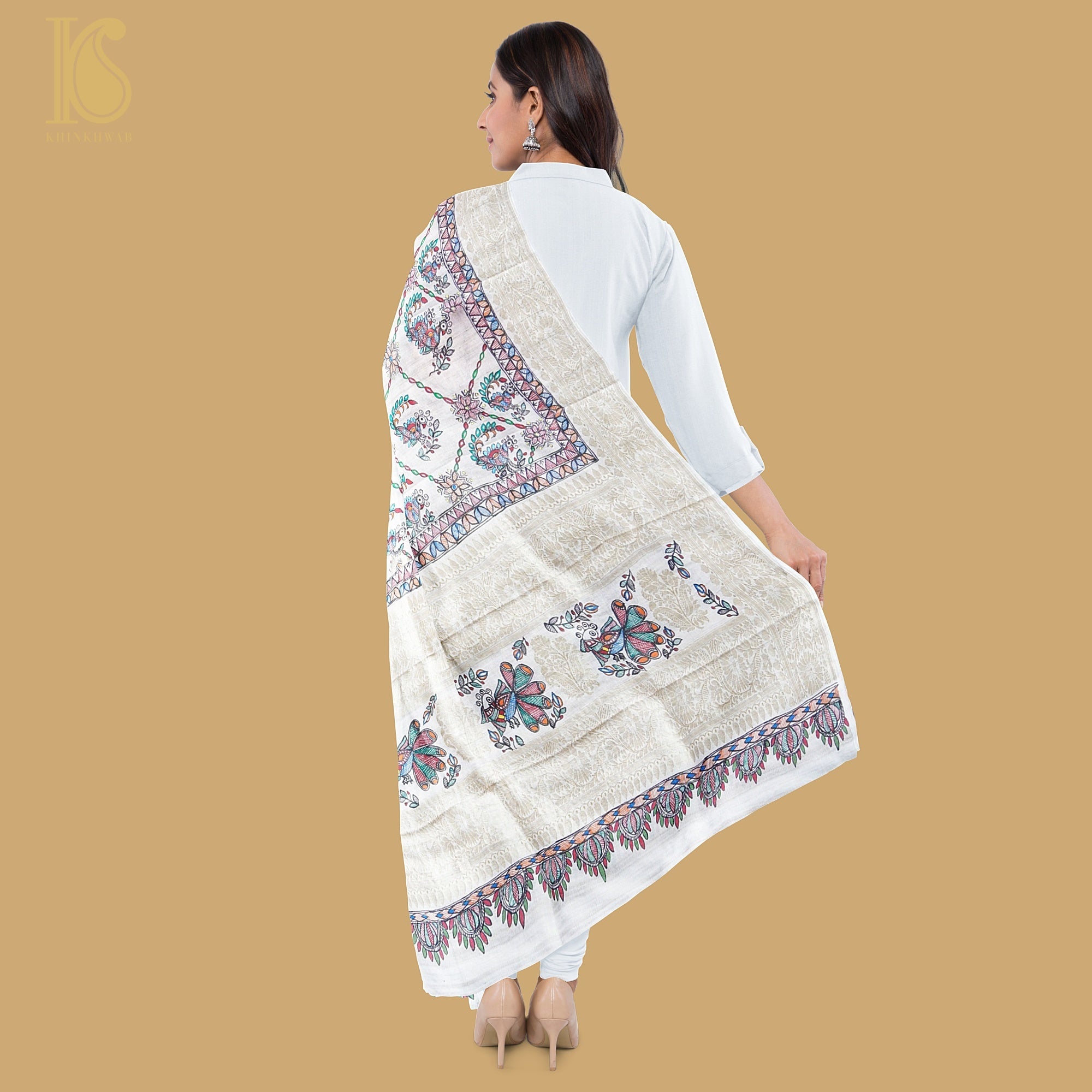 Handloom Pure Tussar Silk Hand Painted Madhubani Banarasi Dupatta - Khinkhwab