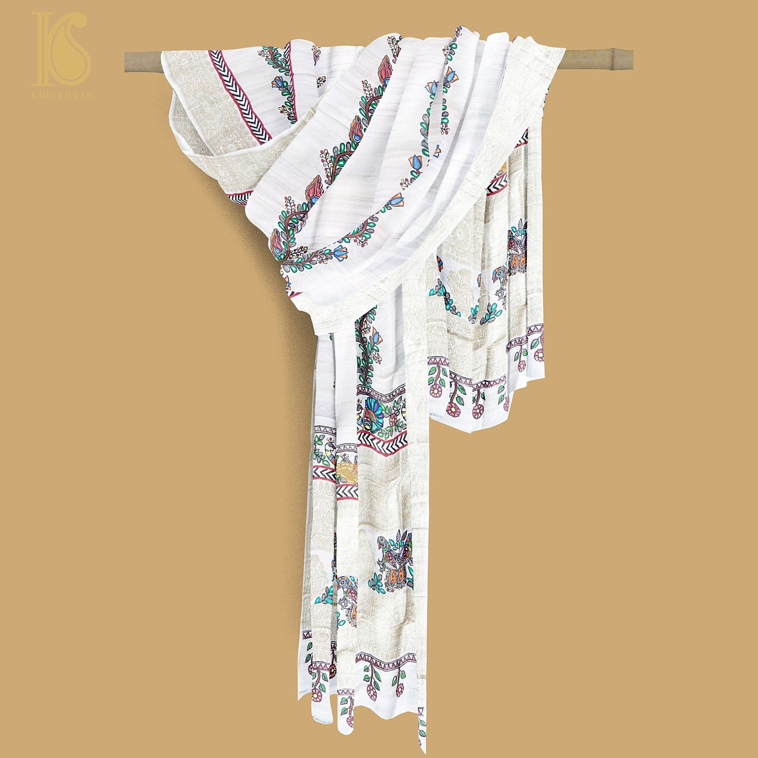 Handloom Pure Tussar Silk Hand Painted Madhubani Banarasi Dupatta - Khinkhwab