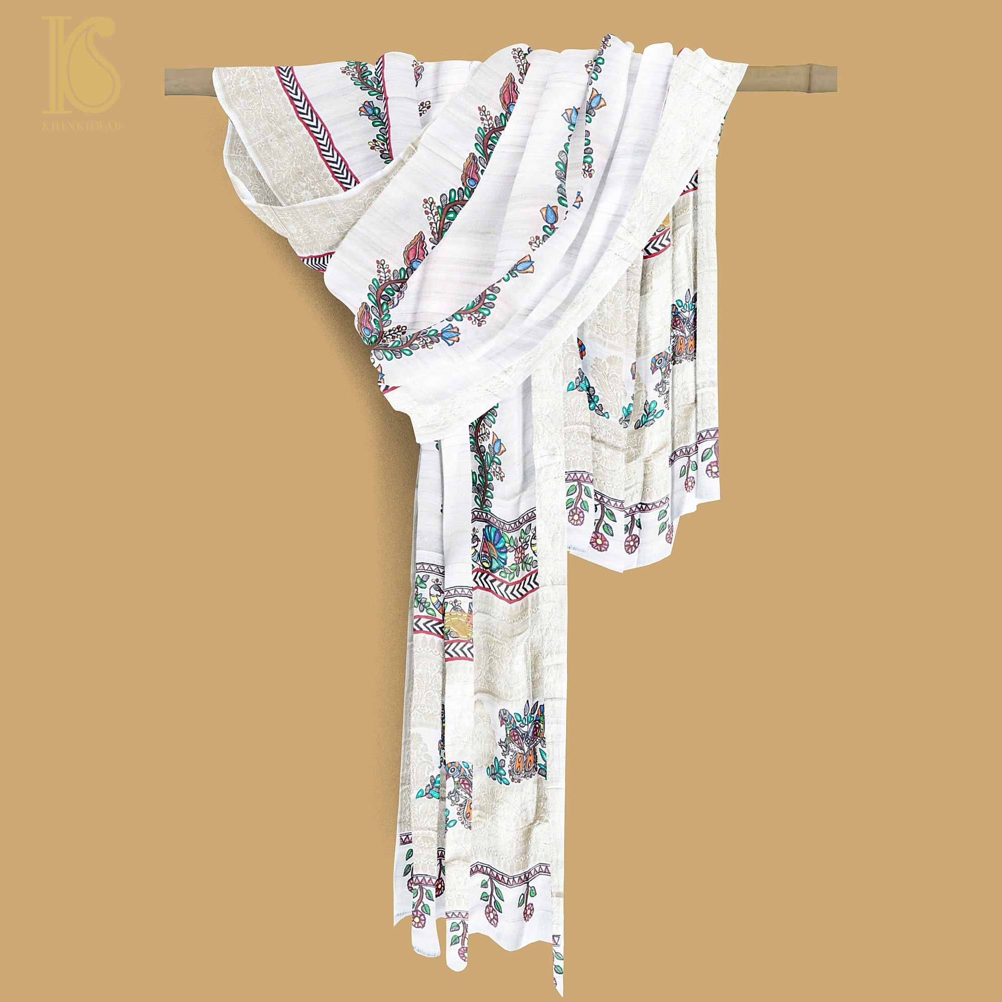 Handloom Pure Tussar Silk Hand Painted Madhubani Banarasi Dupatta - Khinkhwab