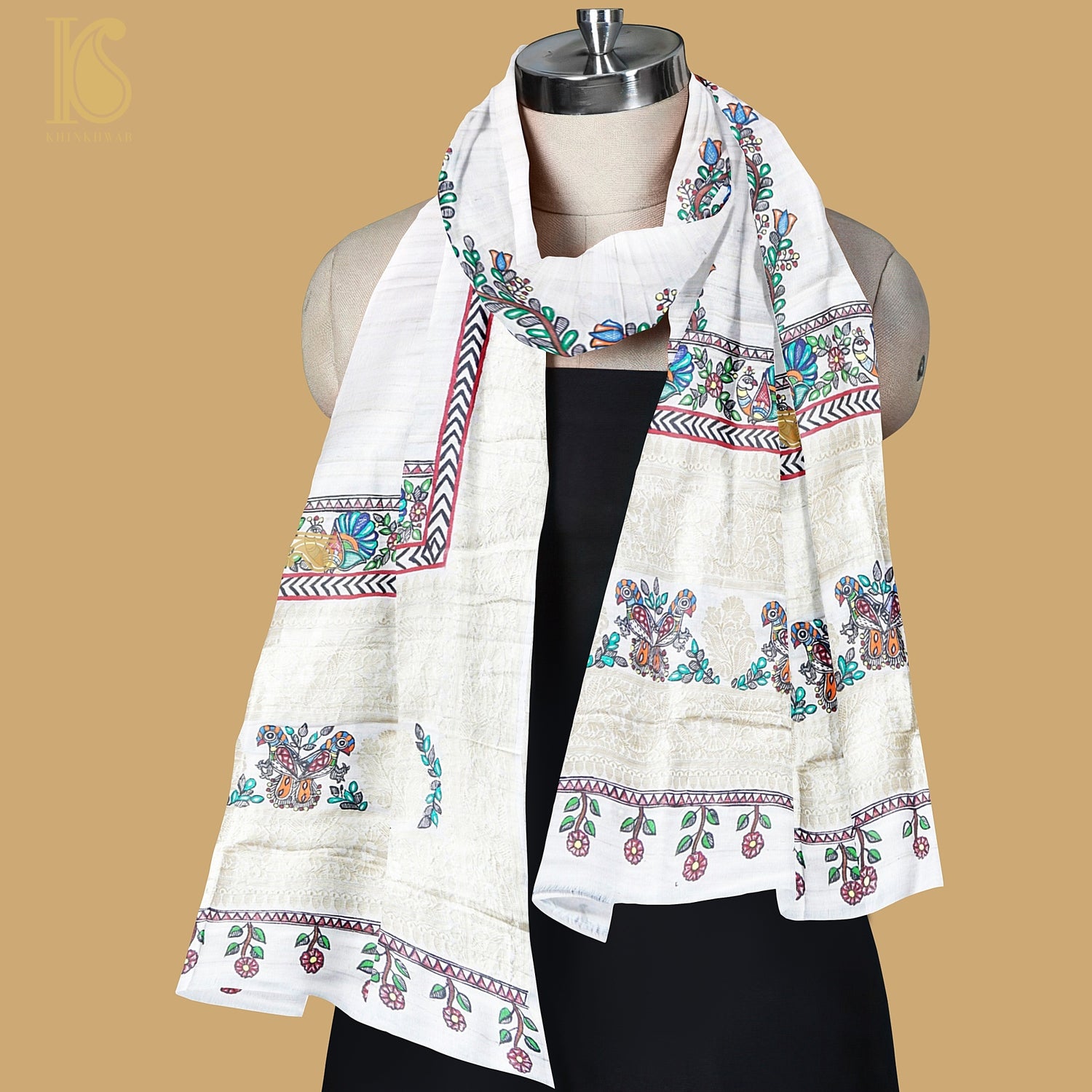 Handloom Pure Tussar Silk Hand Painted Madhubani Banarasi Dupatta - Khinkhwab
