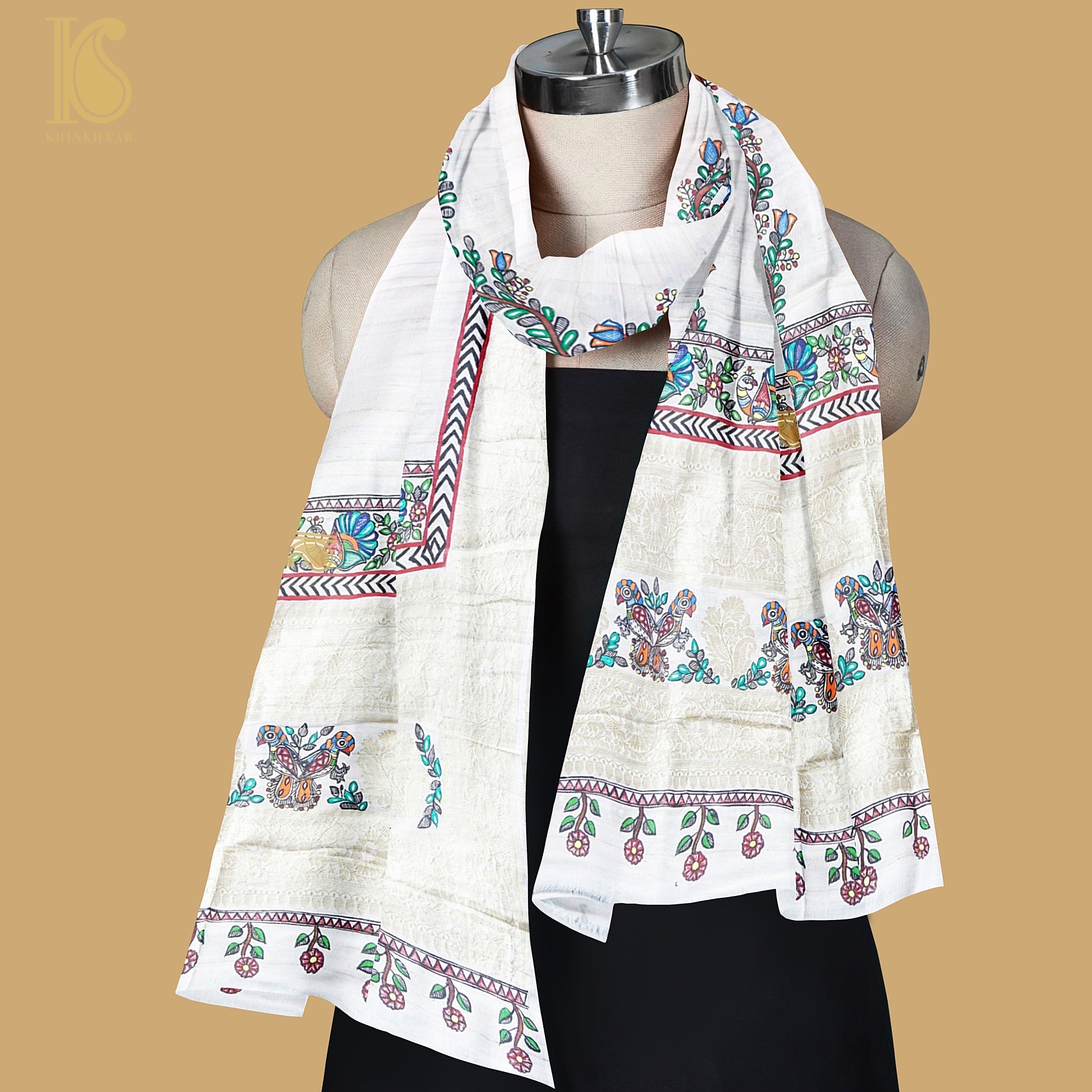 Handloom Pure Tussar Silk Hand Painted Madhubani Banarasi Dupatta - Khinkhwab