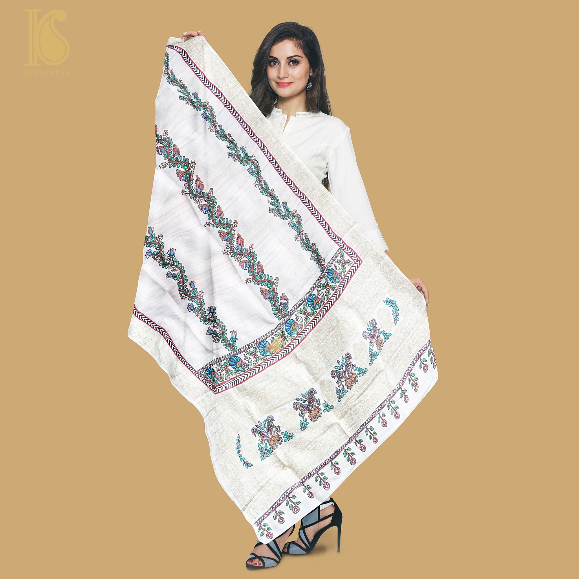 Handloom Pure Tussar Silk Hand Painted Madhubani Banarasi Dupatta - Khinkhwab