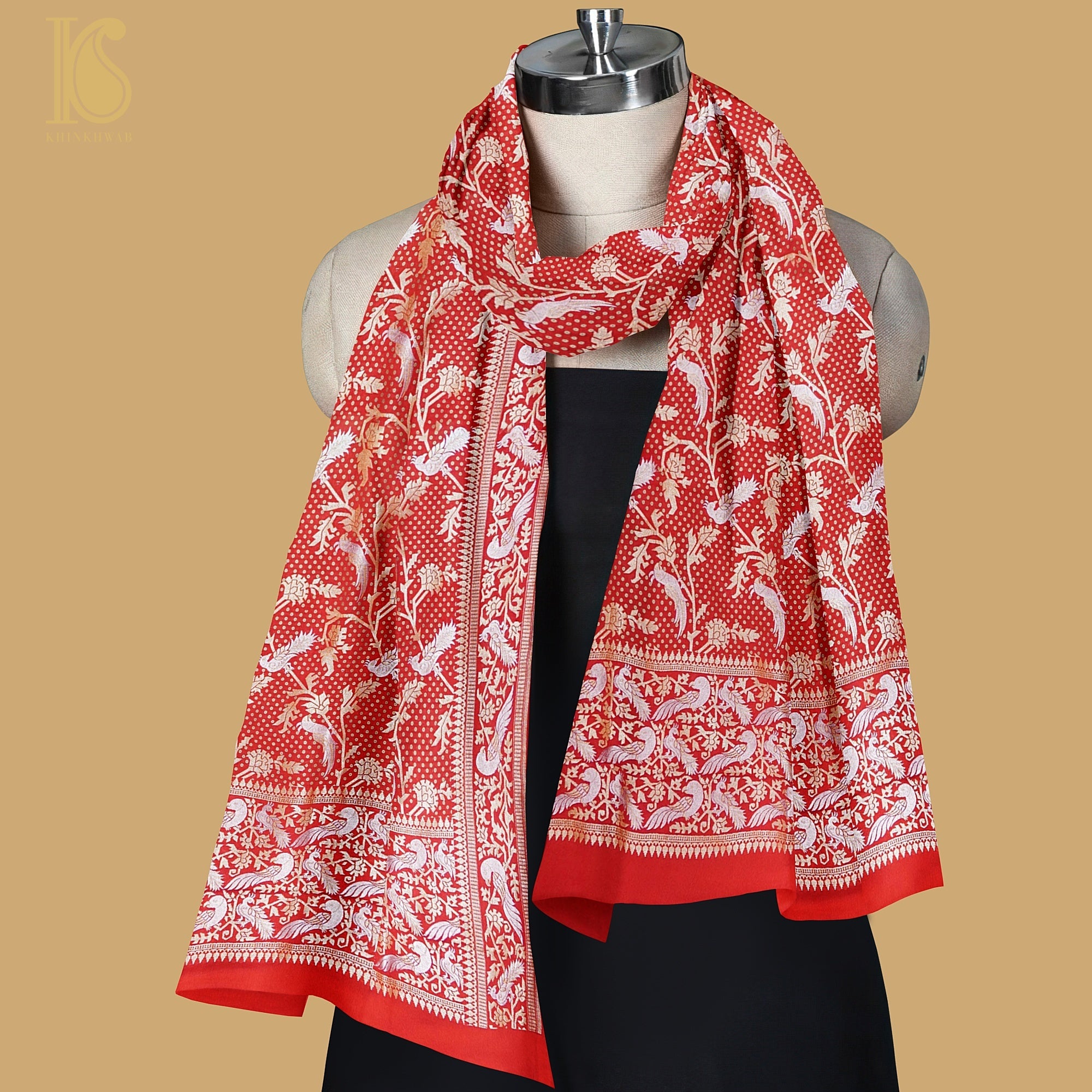 Birds of Paradise : Red Pure Georgette Handloom Banarasi Dupatta - Khinkhwab