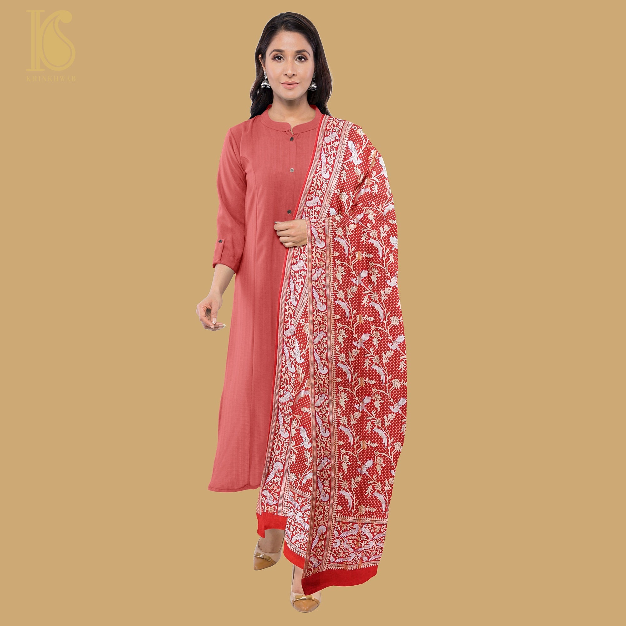 Birds of Paradise : Red Pure Georgette Handloom Banarasi Dupatta - Khinkhwab