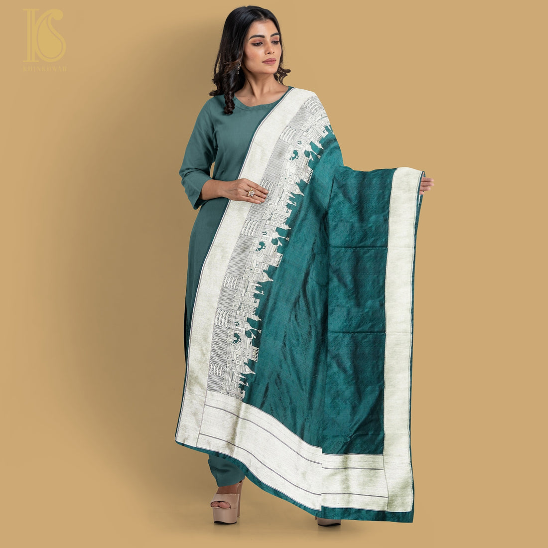 Green Pure Silk Handloom Banaras Ghaat Dupatta - Khinkhwab