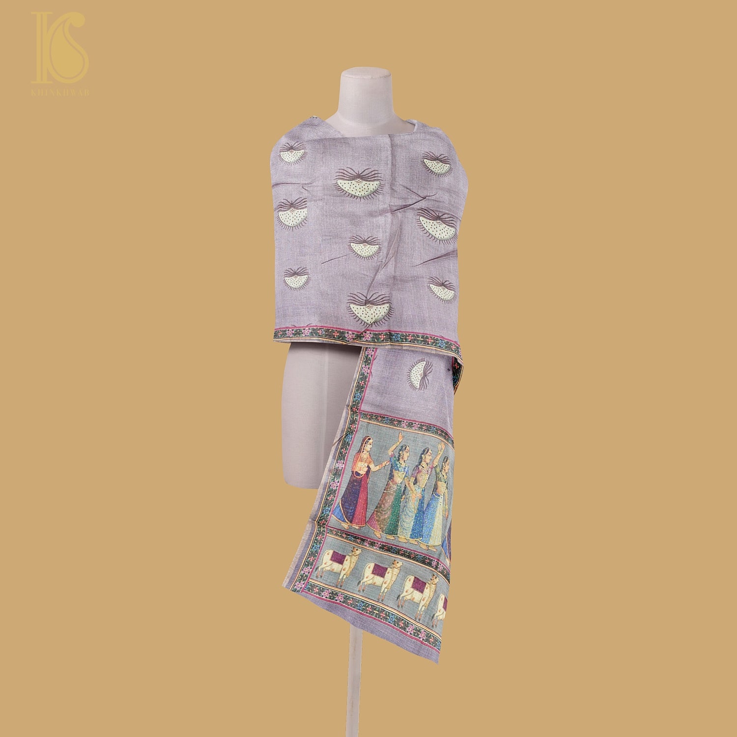 Pure Tussar Silk Lady & Cow Print Dupatta - Khinkhwab