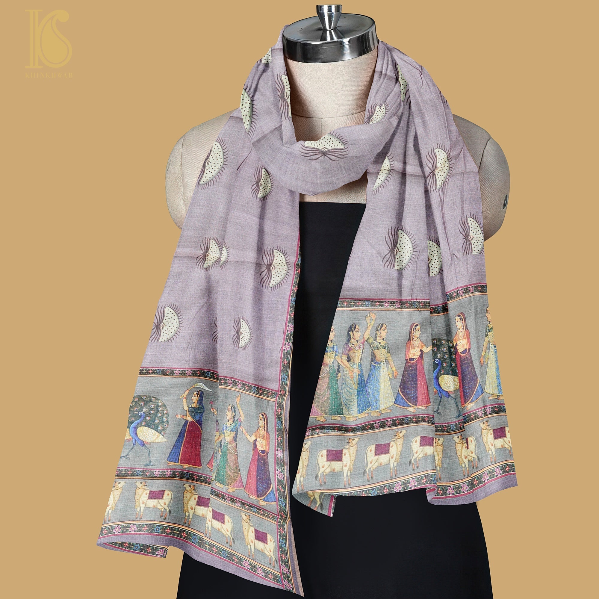 Pure Tussar Silk Lady & Cow Print Dupatta - Khinkhwab
