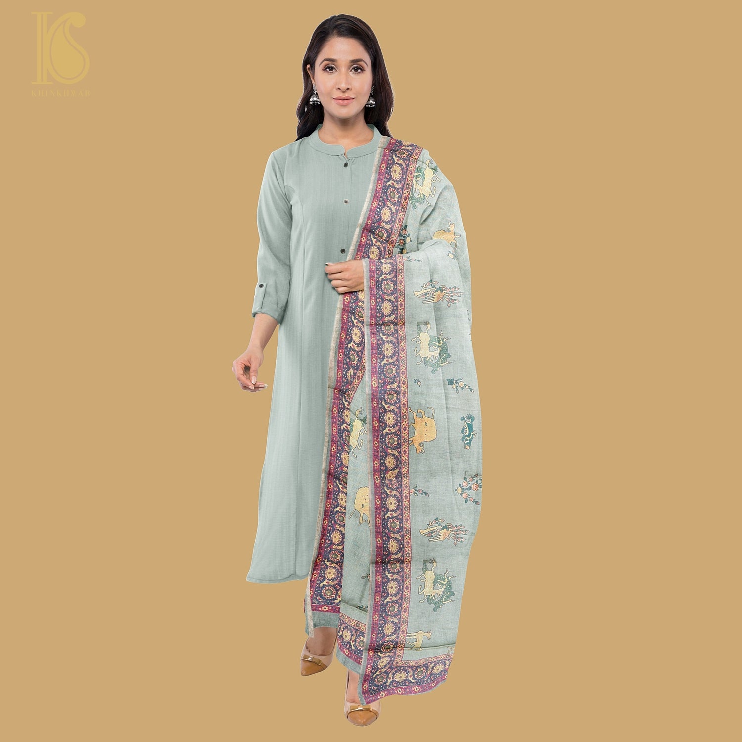 Pure Tussar Silk Deer Print Dupatta - Khinkhwab