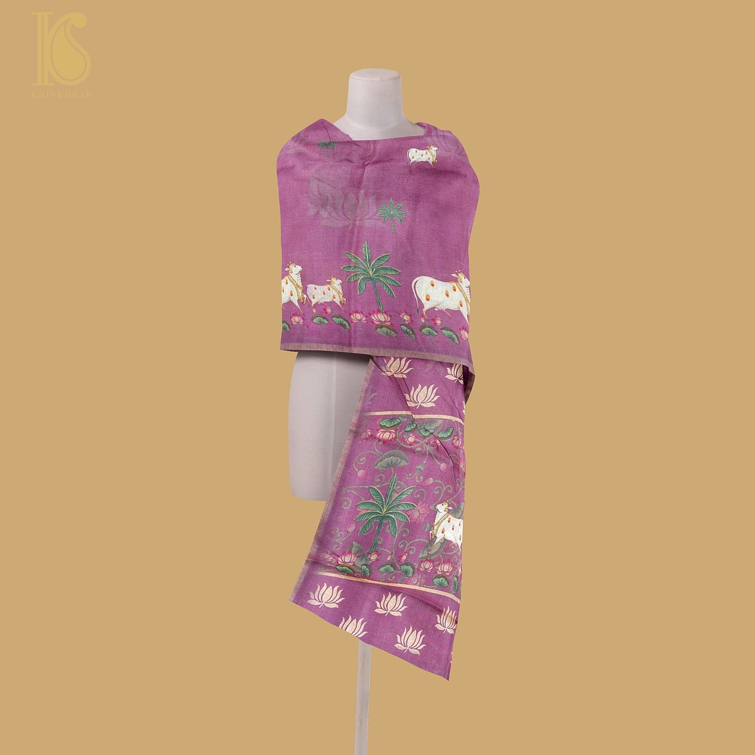 Pure Tussar Silk Cow & Lotus Print Dupatta - Khinkhwab