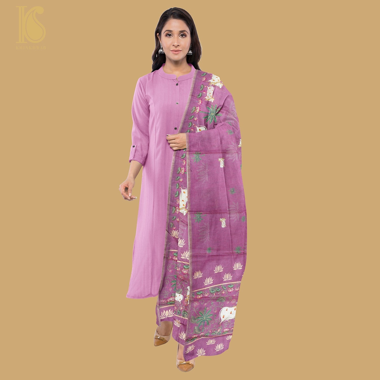 Pure Tussar Silk Cow & Lotus Print Dupatta - Khinkhwab