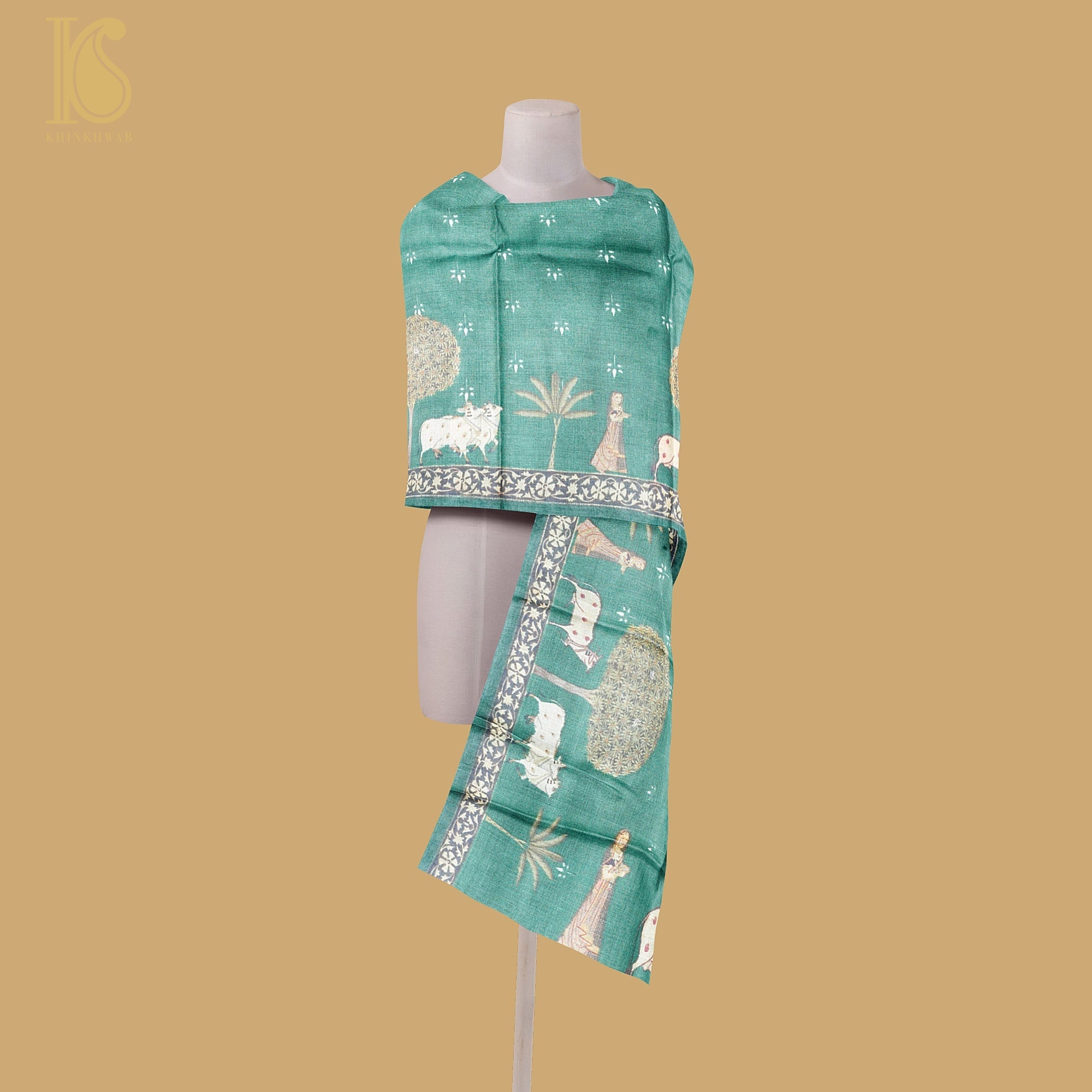 Green Pure Tussar Silk Cow & Lady Print Dupatta - Khinkhwab