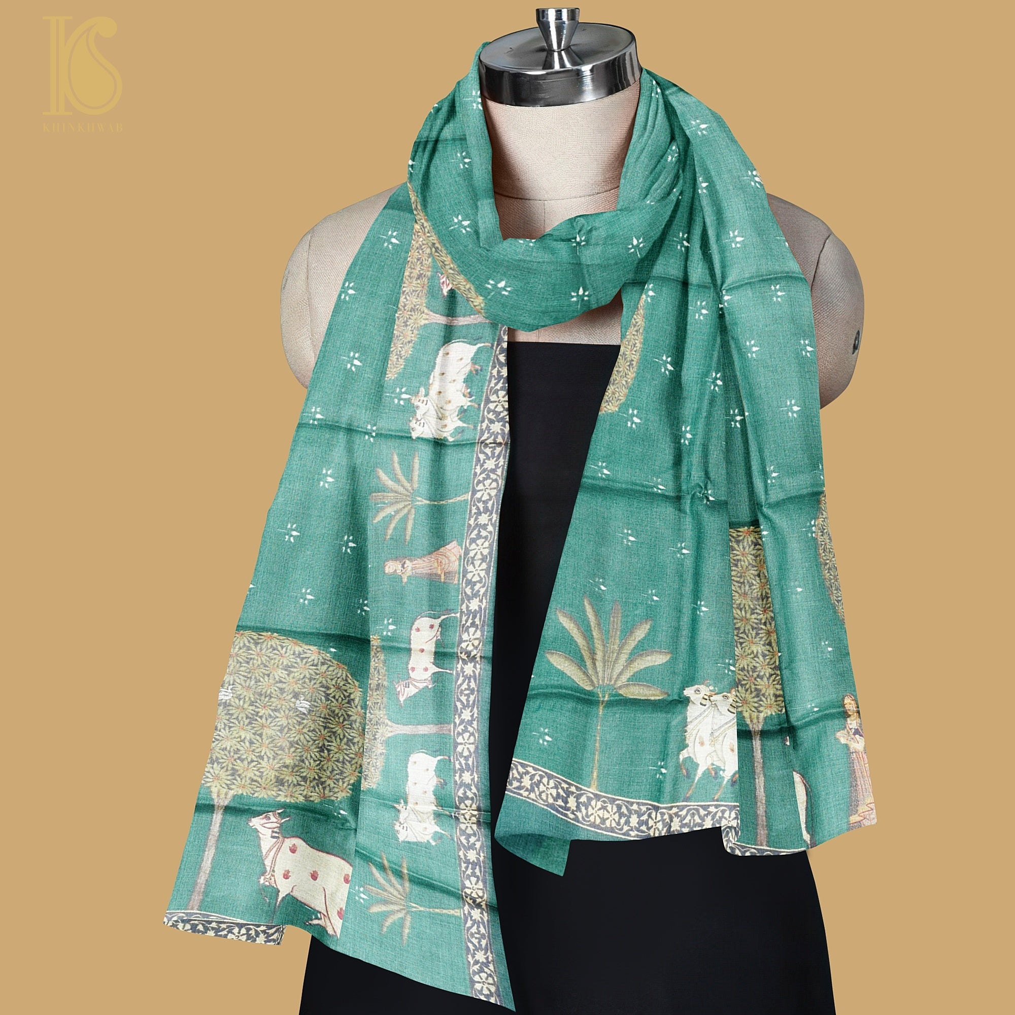 Green Pure Tussar Silk Cow & Lady Print Dupatta - Khinkhwab