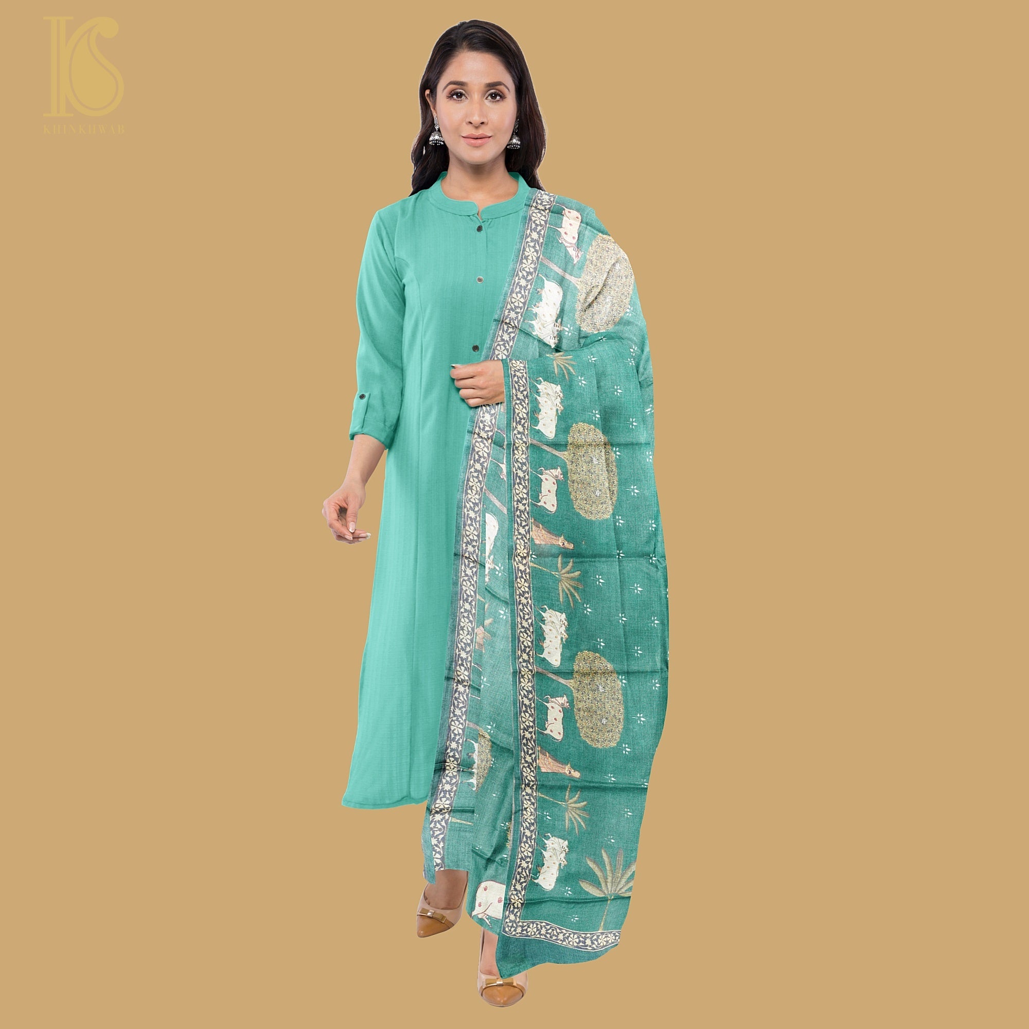 Green Pure Tussar Silk Cow & Lady Print Dupatta - Khinkhwab