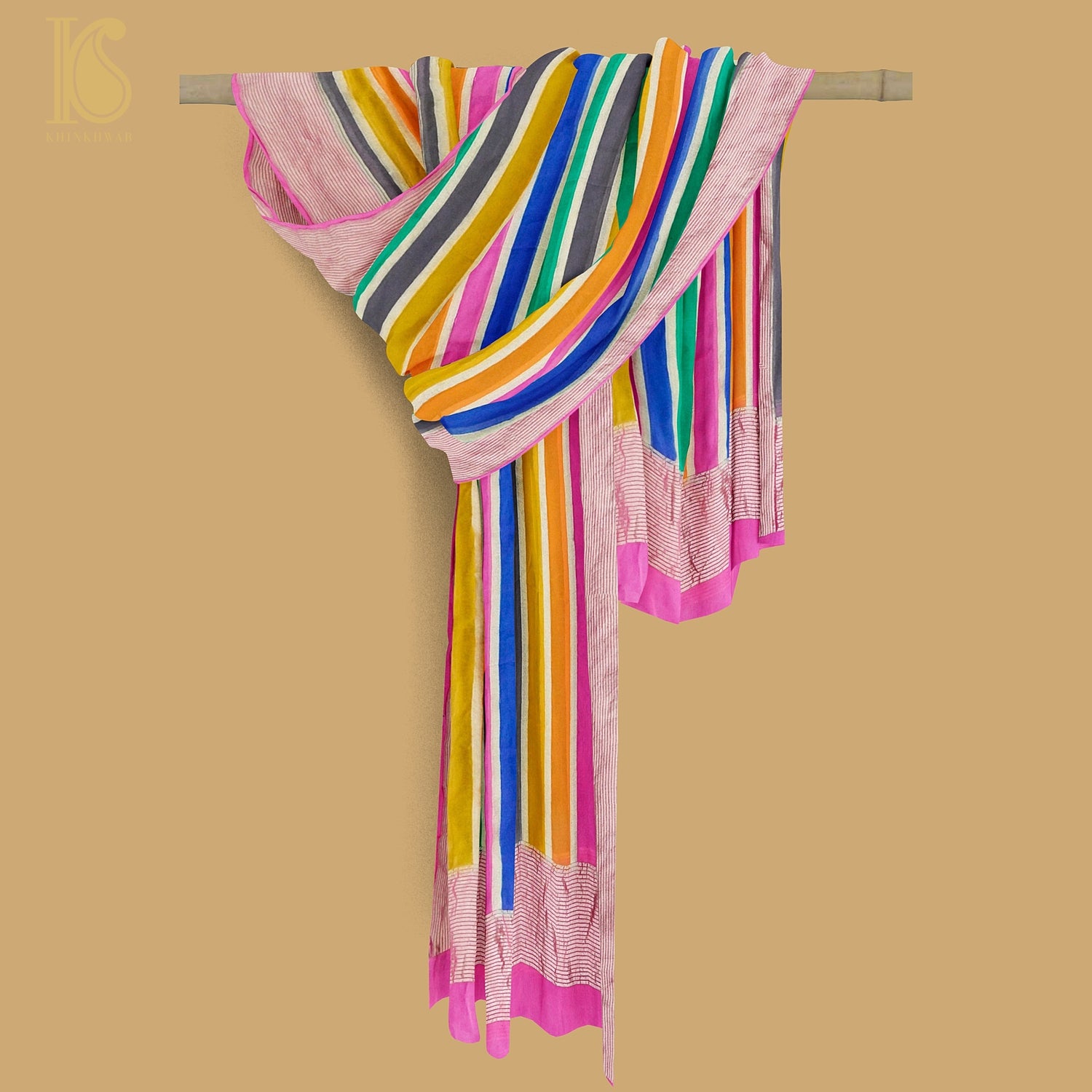 Pink Pure Georgette Handloom Banarasi Stripes Dupatta - Khinkhwab