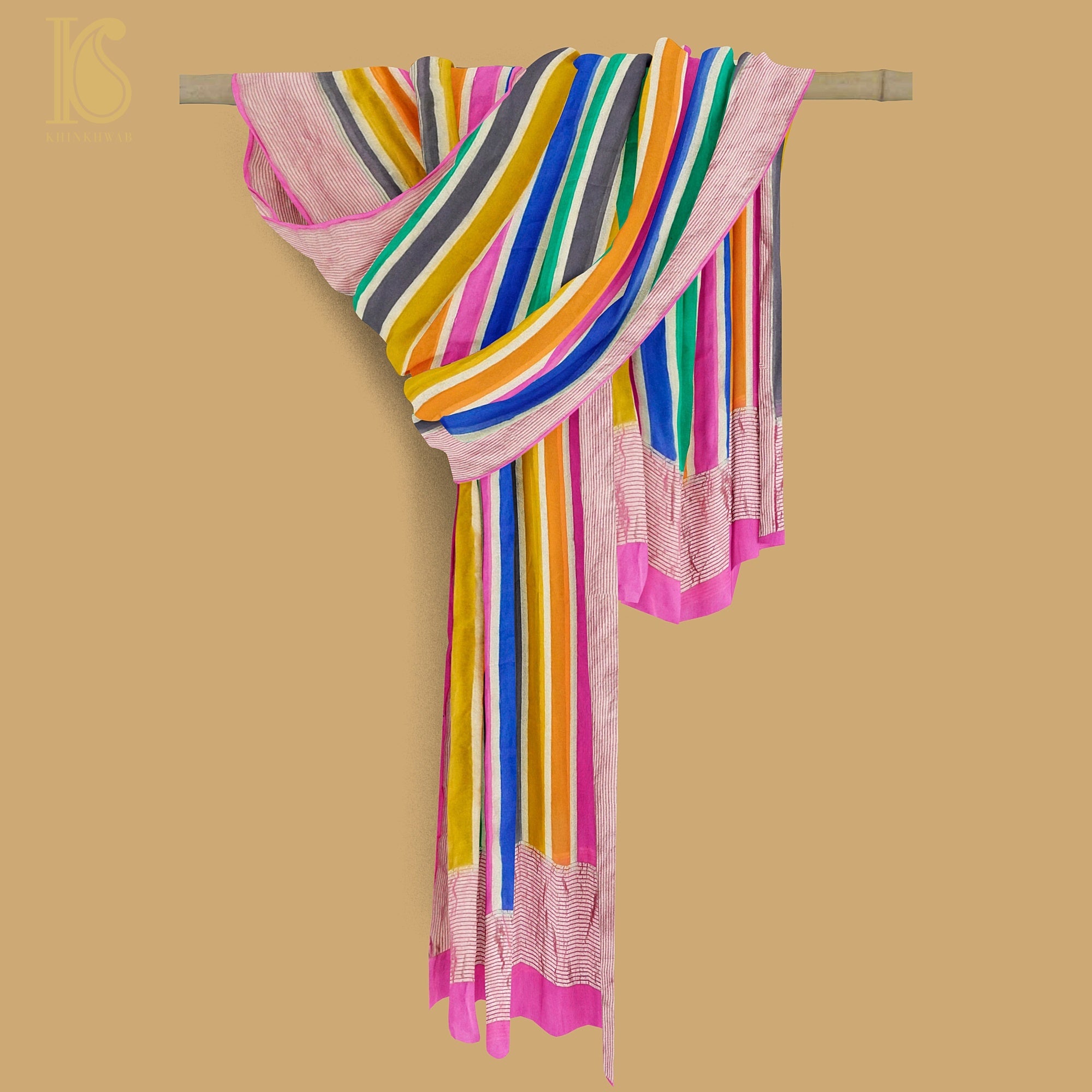 Pink Pure Georgette Handloom Banarasi Stripes Dupatta - Khinkhwab
