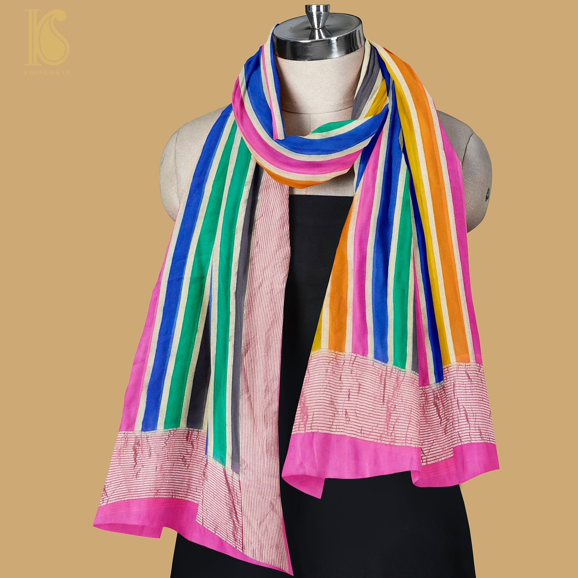 Pink Pure Georgette Handloom Banarasi Stripes Dupatta - Khinkhwab