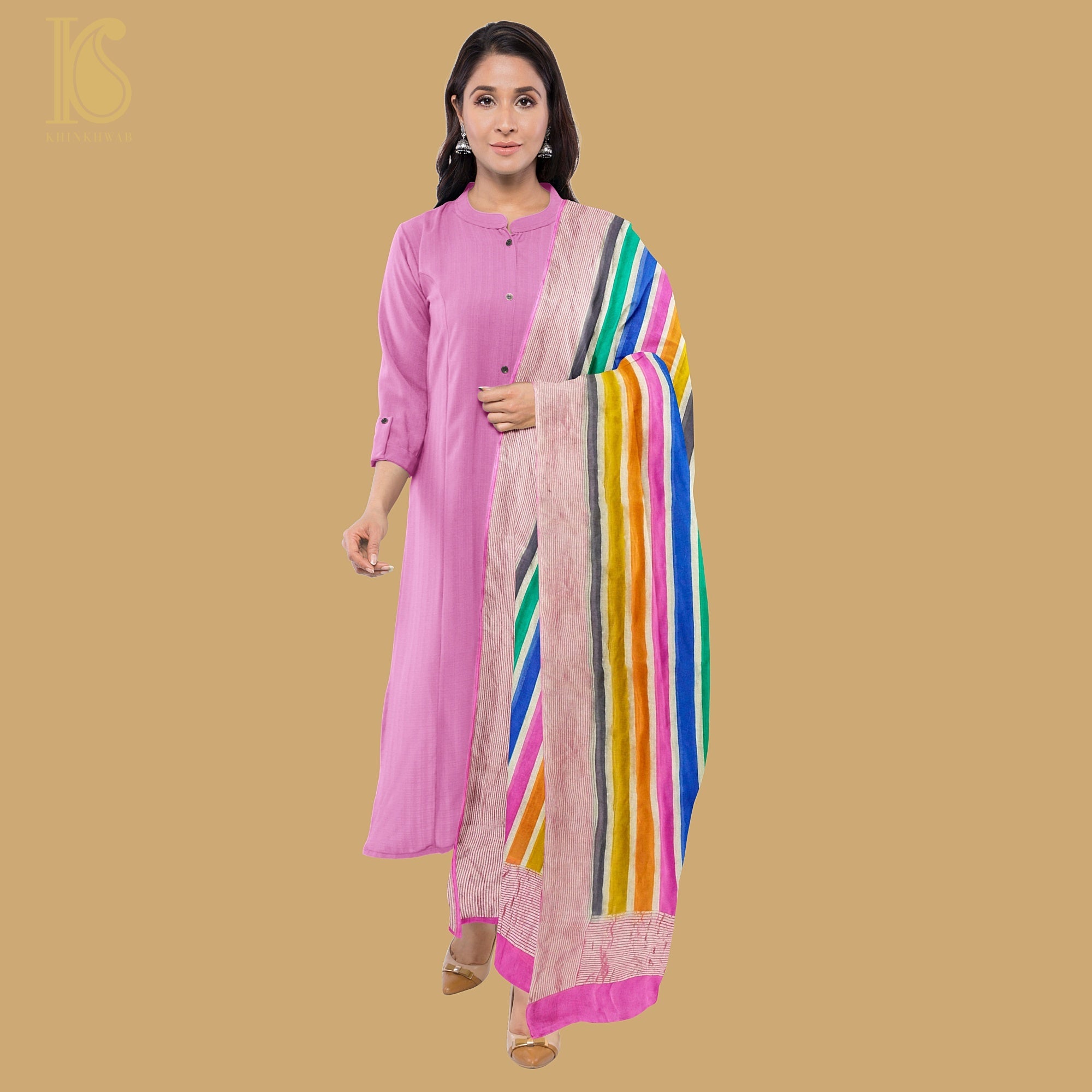 Pink Pure Georgette Handloom Banarasi Stripes Dupatta - Khinkhwab