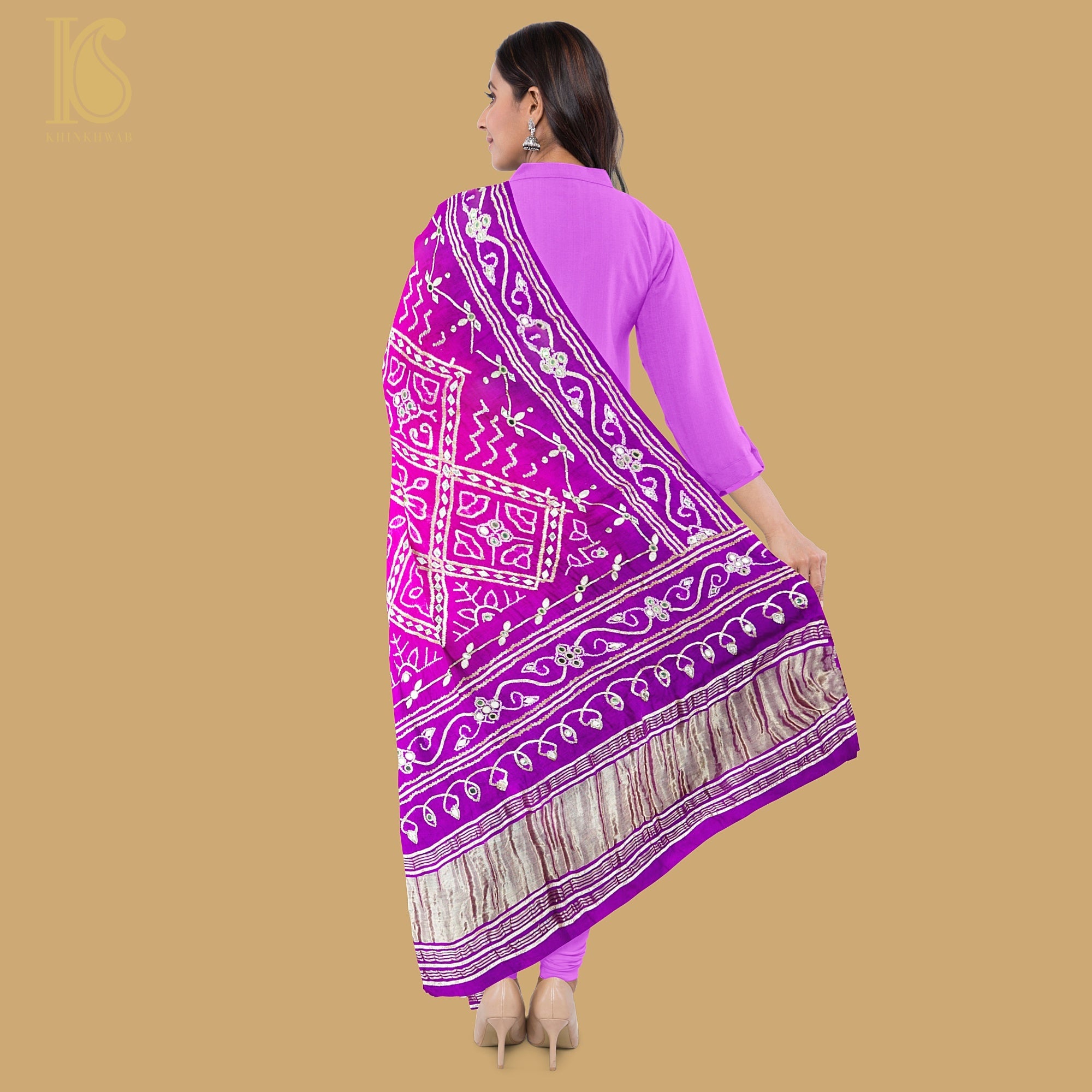 Pink & Purple Gajji Silk Bandhani Gotta Patti & Mirror Work Dupatta - Khinkhwab