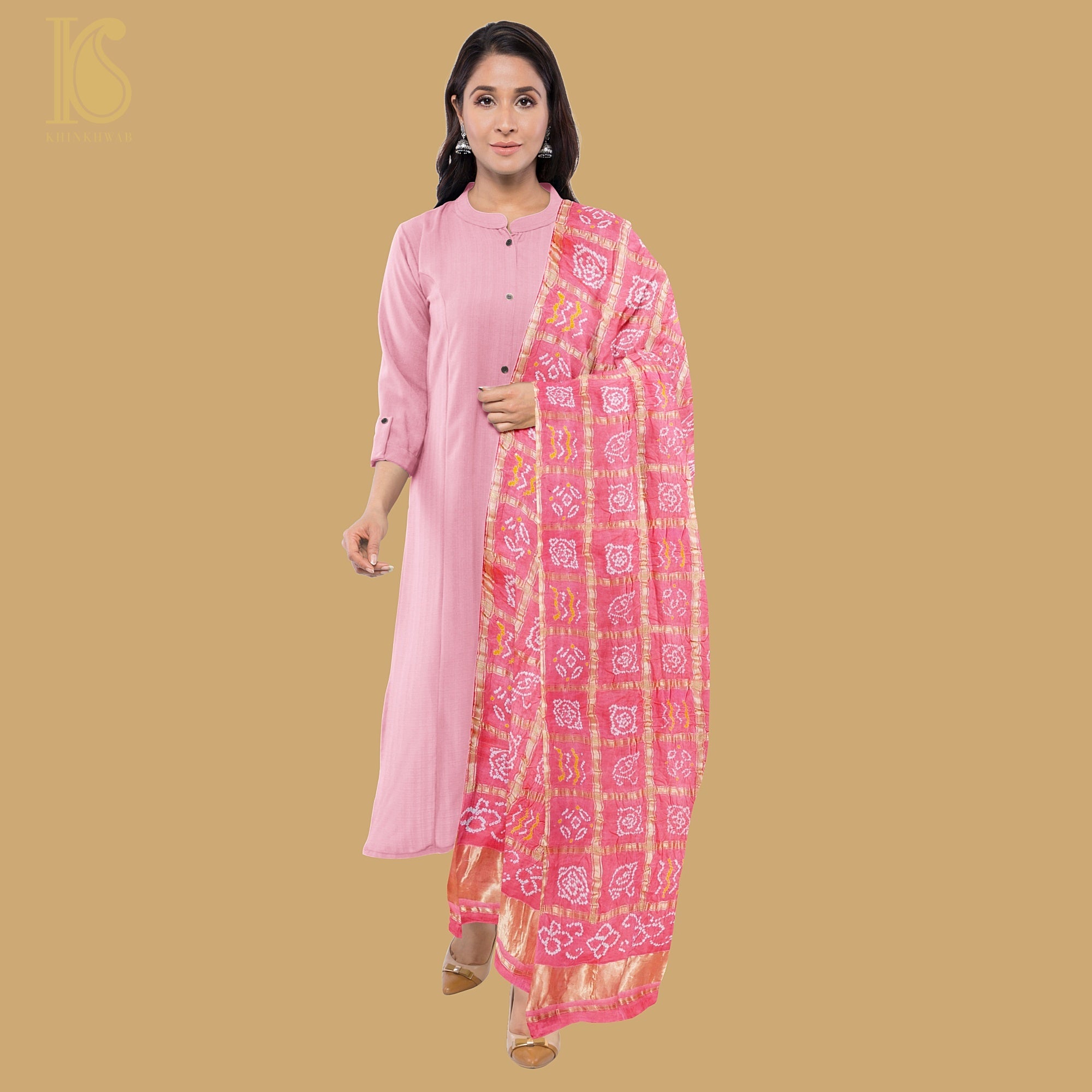 Blush Pink Pure Gajji Silk Bandhani Dupatta - Khinkhwab