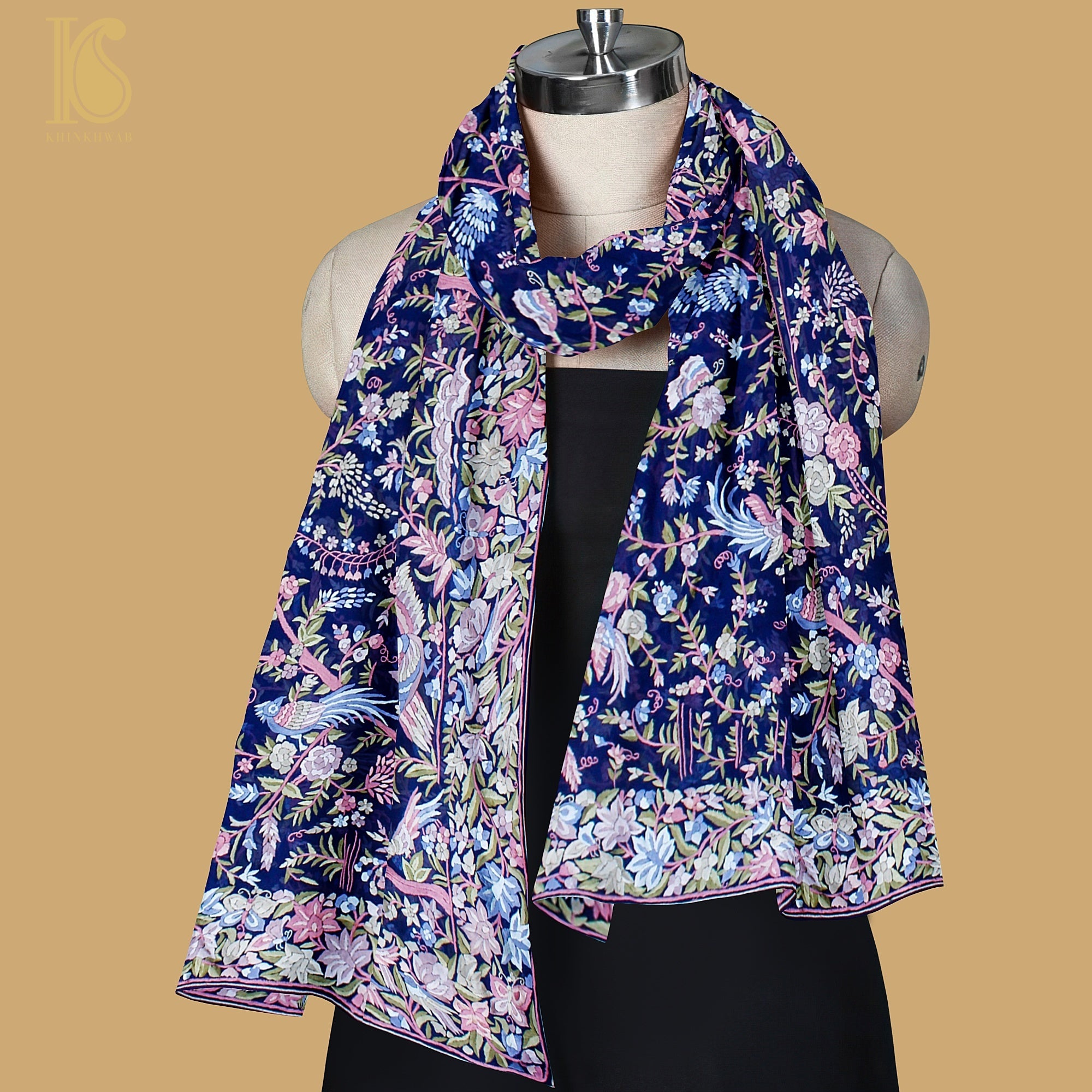 Sapphire Blue Handcrafted Parsi Gara Pure Georgette Dupatta - Khinkhwab