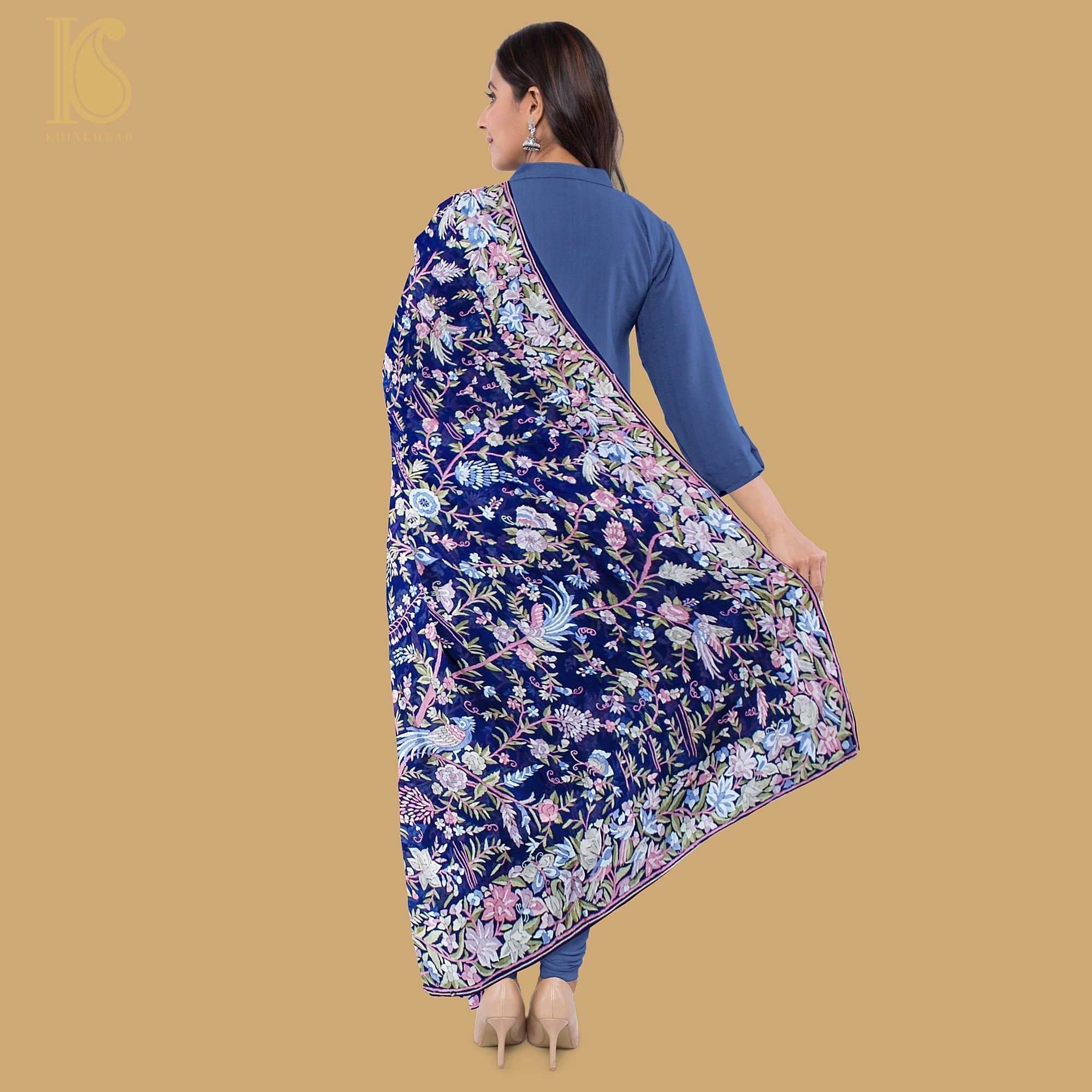Sapphire Blue Handcrafted Parsi Gara Pure Georgette Dupatta - Khinkhwab