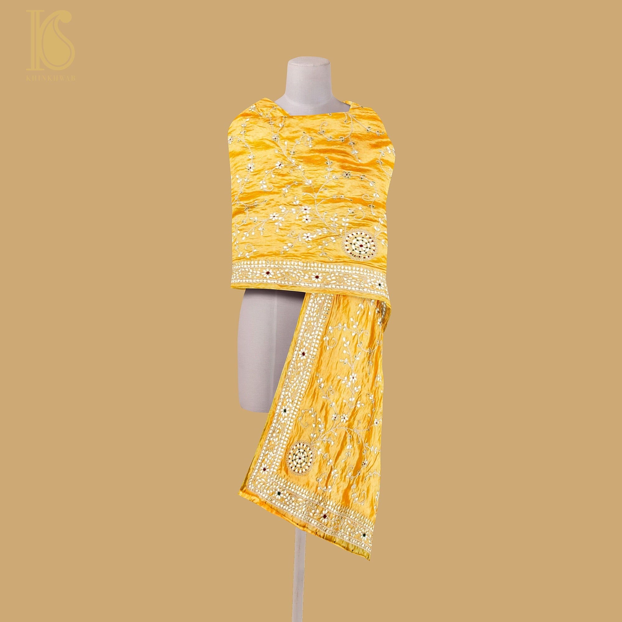 Kournikova Yellow Pure Organza Silk Dupatta with Gotta Patti Embroidery - Khinkhwab