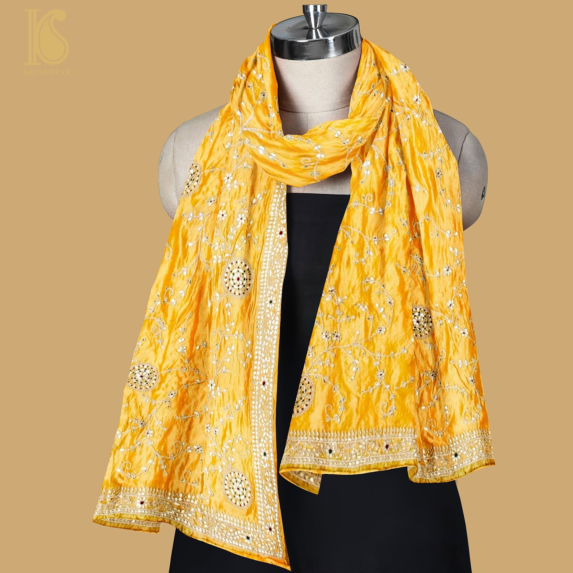 Kournikova Yellow Pure Organza Silk Dupatta with Gotta Patti Embroidery - Khinkhwab