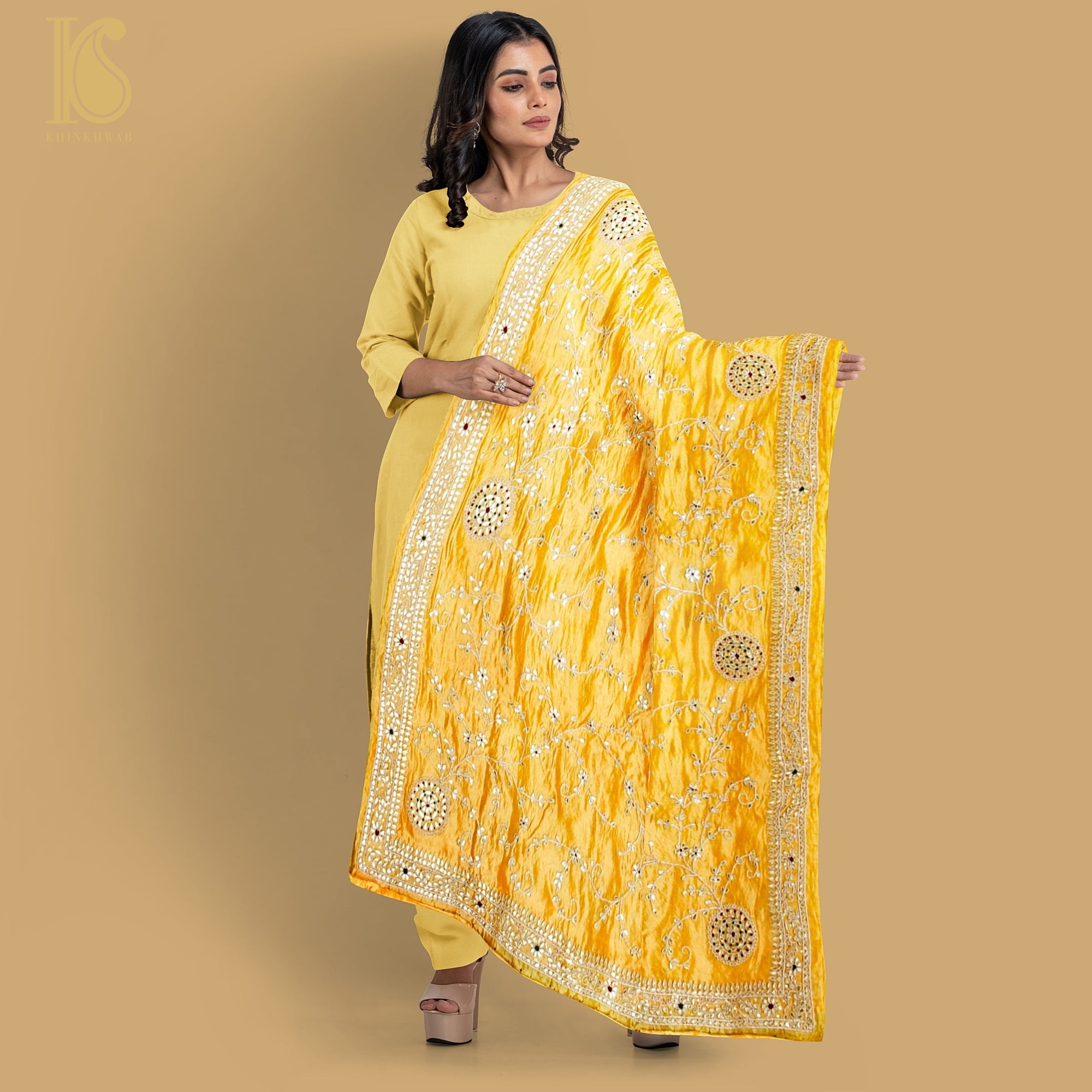 Kournikova Yellow Pure Organza Silk Dupatta with Gotta Patti Embroidery - Khinkhwab