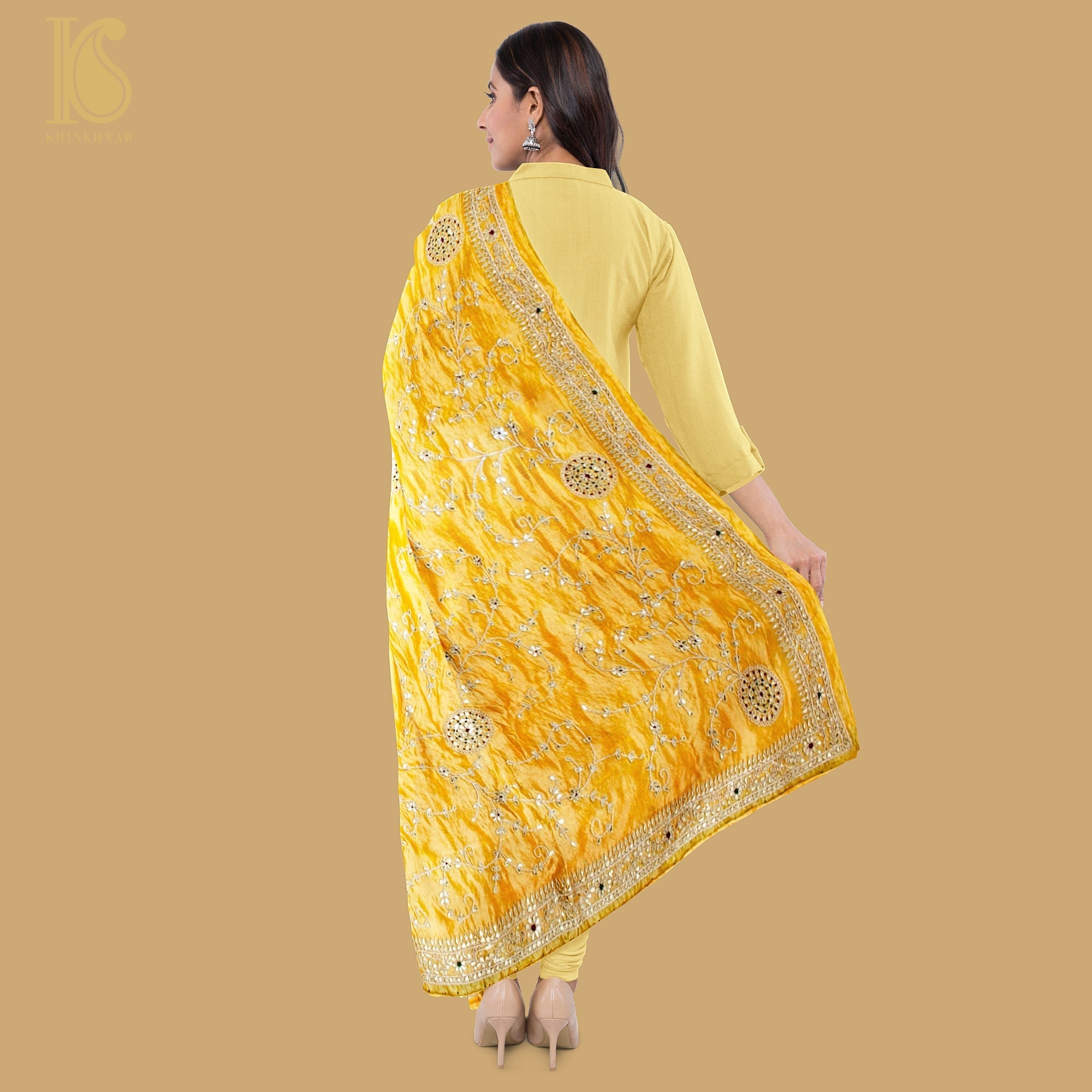 Kournikova Yellow Pure Organza Silk Dupatta with Gotta Patti Embroidery - Khinkhwab