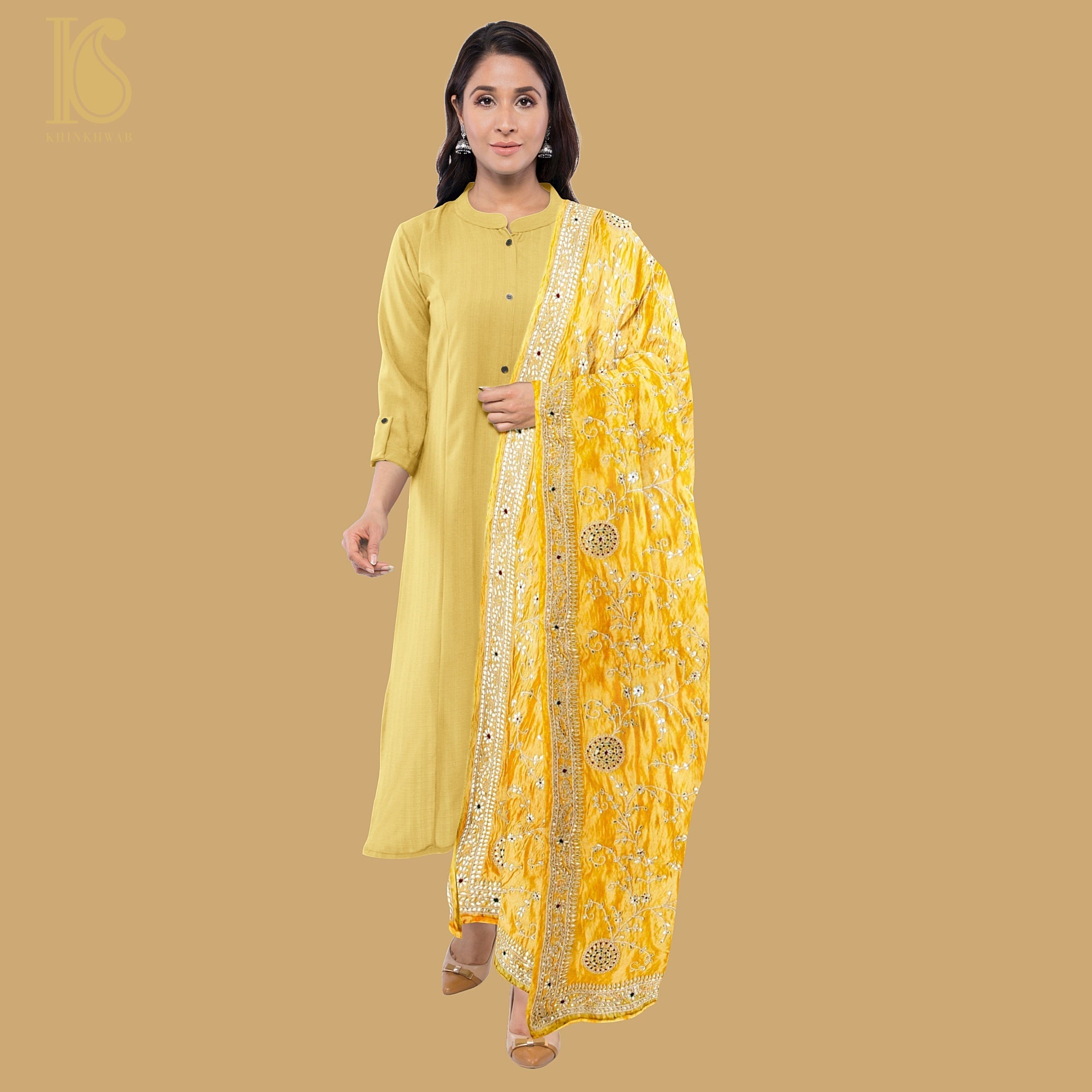 Kournikova Yellow Pure Organza Silk Dupatta with Gotta Patti Embroidery - Khinkhwab