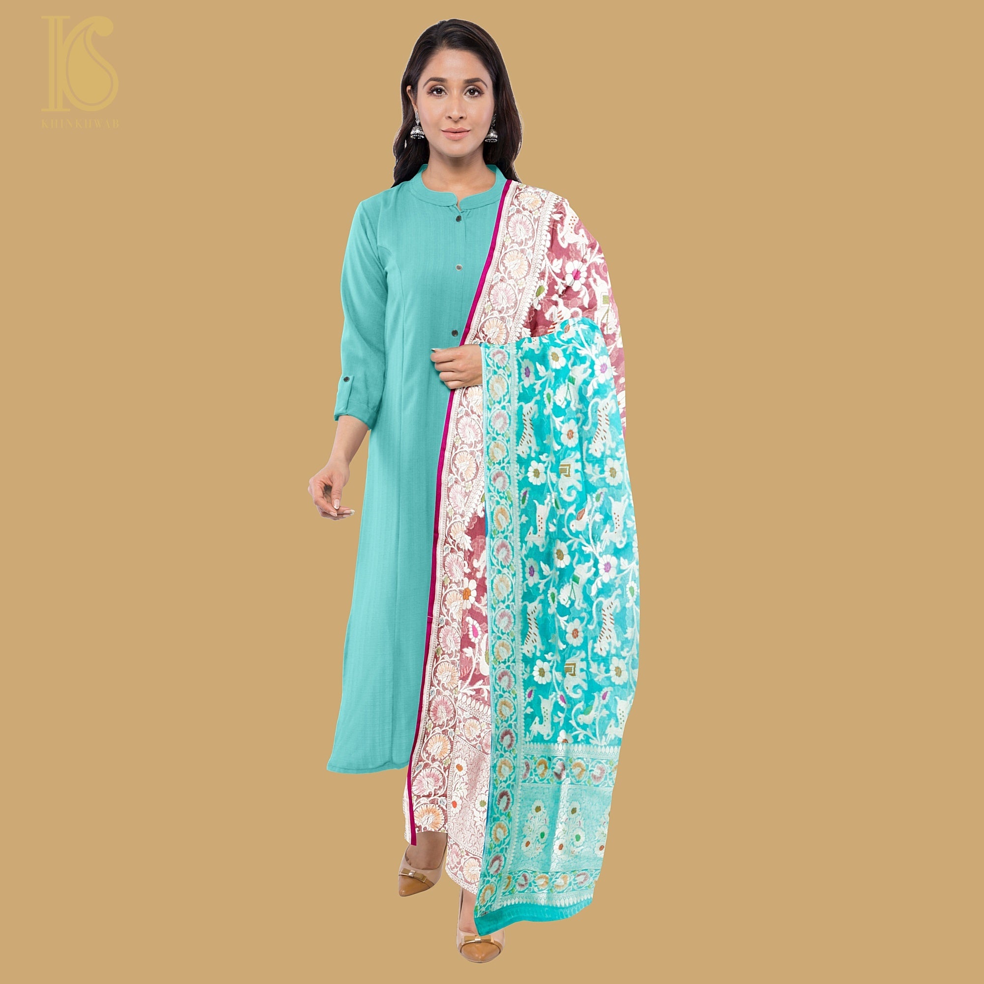 Double Shade Pure Georgette Silk Banarasi Shikargah Dupatta - Preorder - Khinkhwab