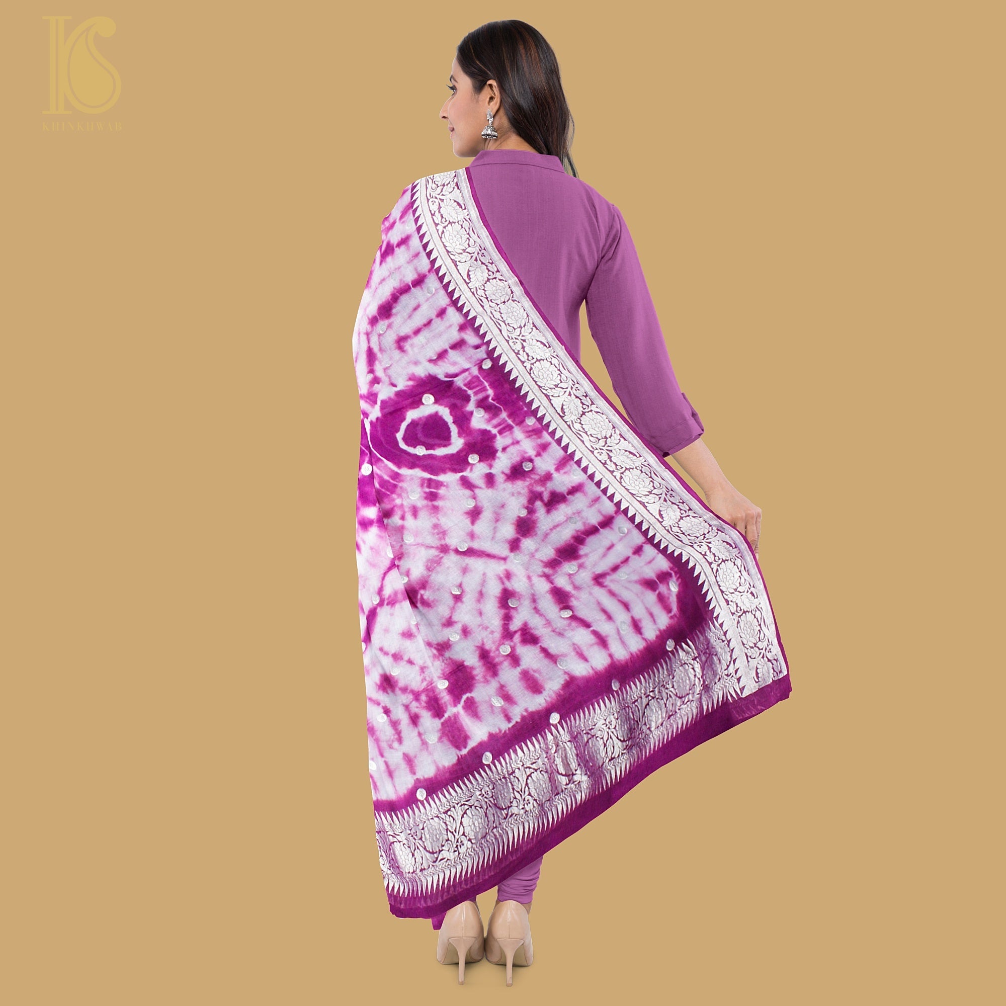 Violet Pure Georgette Handloom Banarasi Ashrafi Boota Shibori Dupatta - Khinkhwab