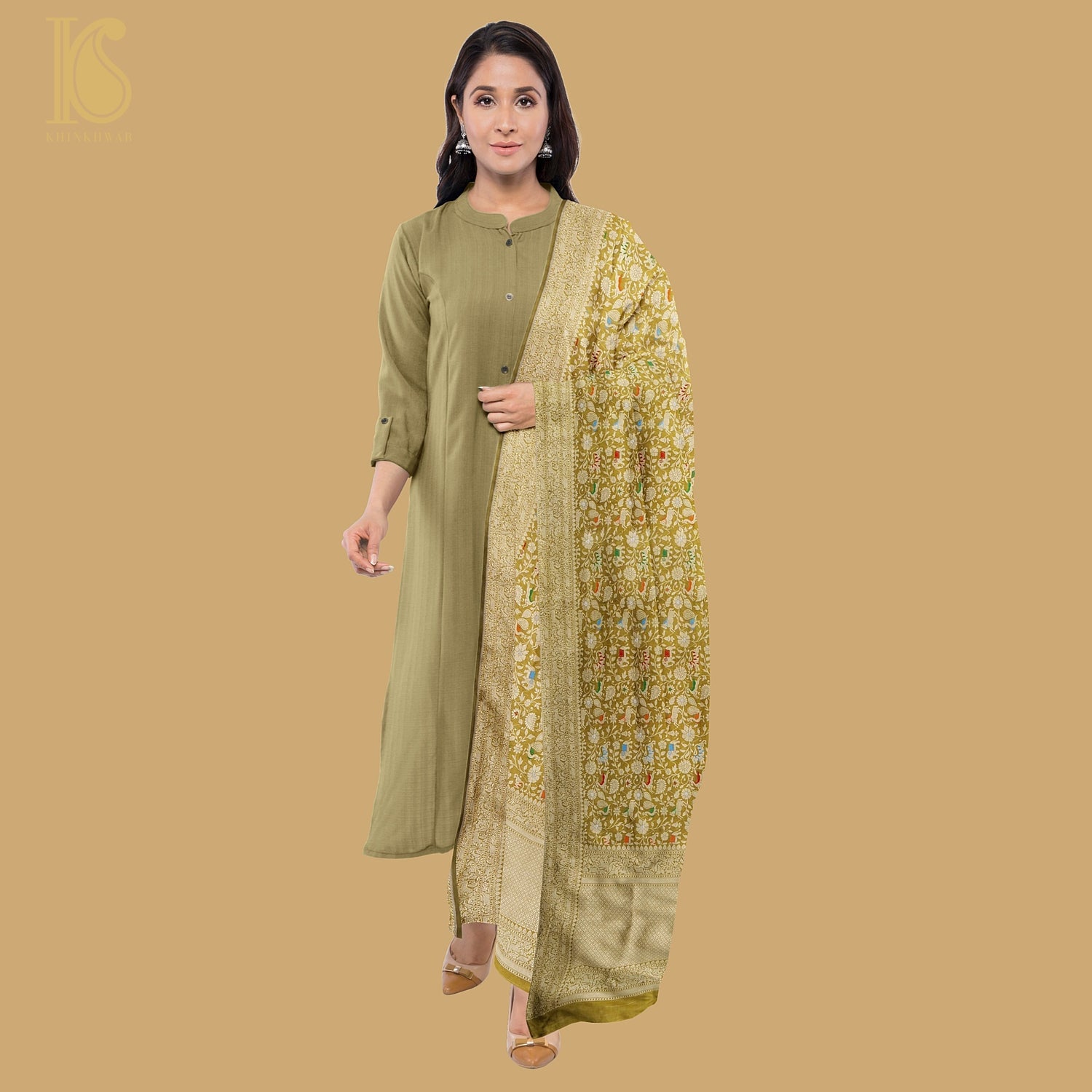 Reef Gold Pure Katan Silk Handwoven Banarasi Shikargah Dupatta - Preorder - Khinkhwab