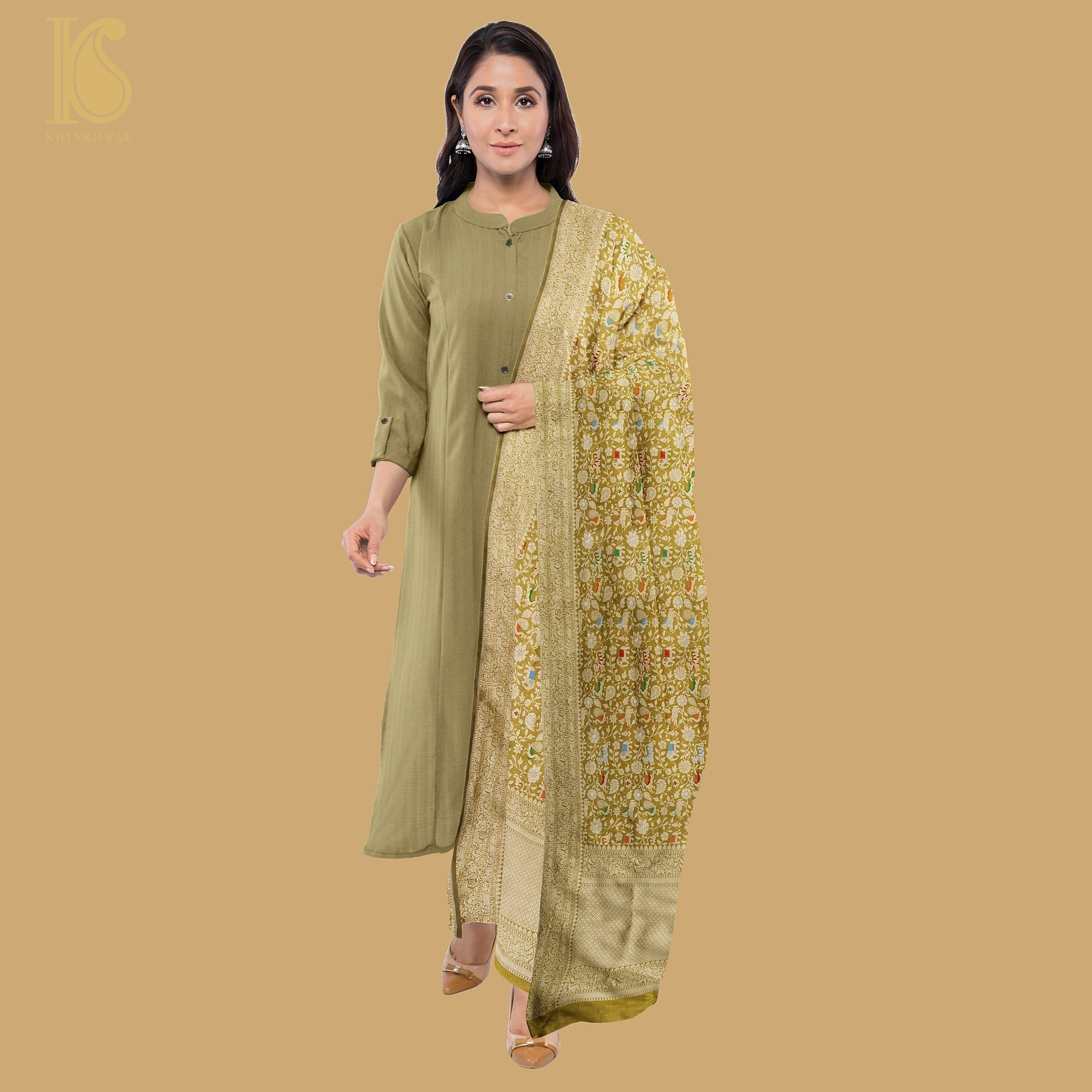 Reef Gold Pure Katan Silk Handwoven Banarasi Shikargah Dupatta - Preorder - Khinkhwab