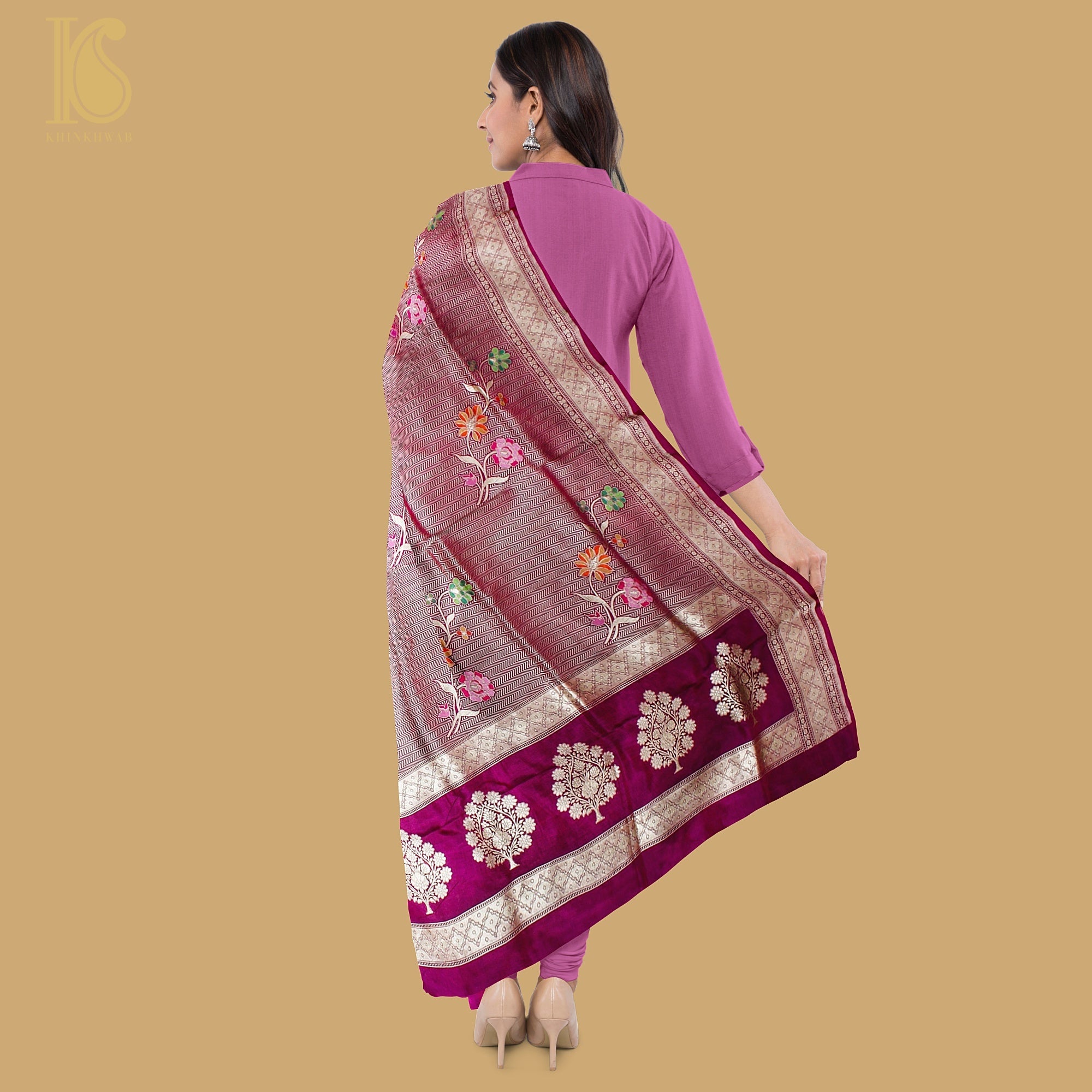 Hopbush Pink Pure Banarasi Silk Handwoven Tanchui Dupatta - Khinkhwab