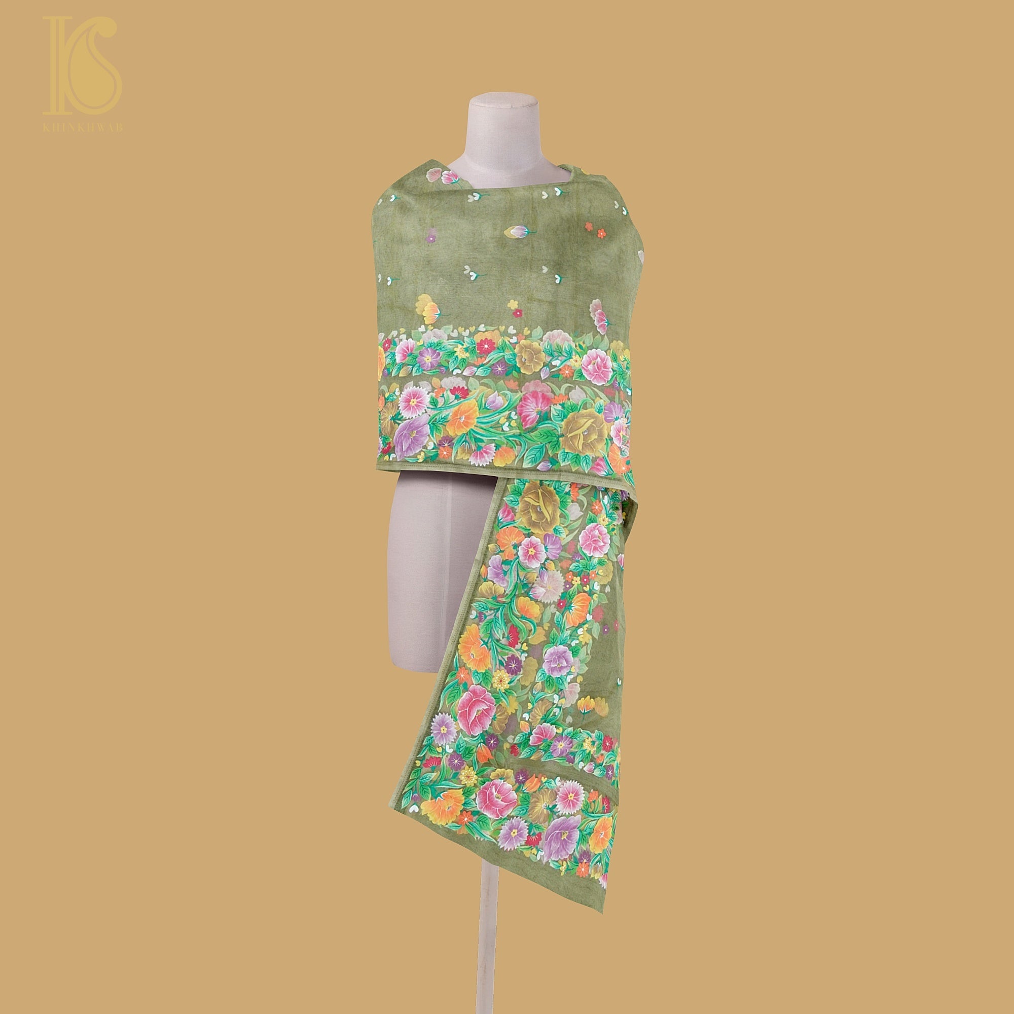 Pastel Green Pure Organza Silk Dupatta with Hand Print - Khinkhwab