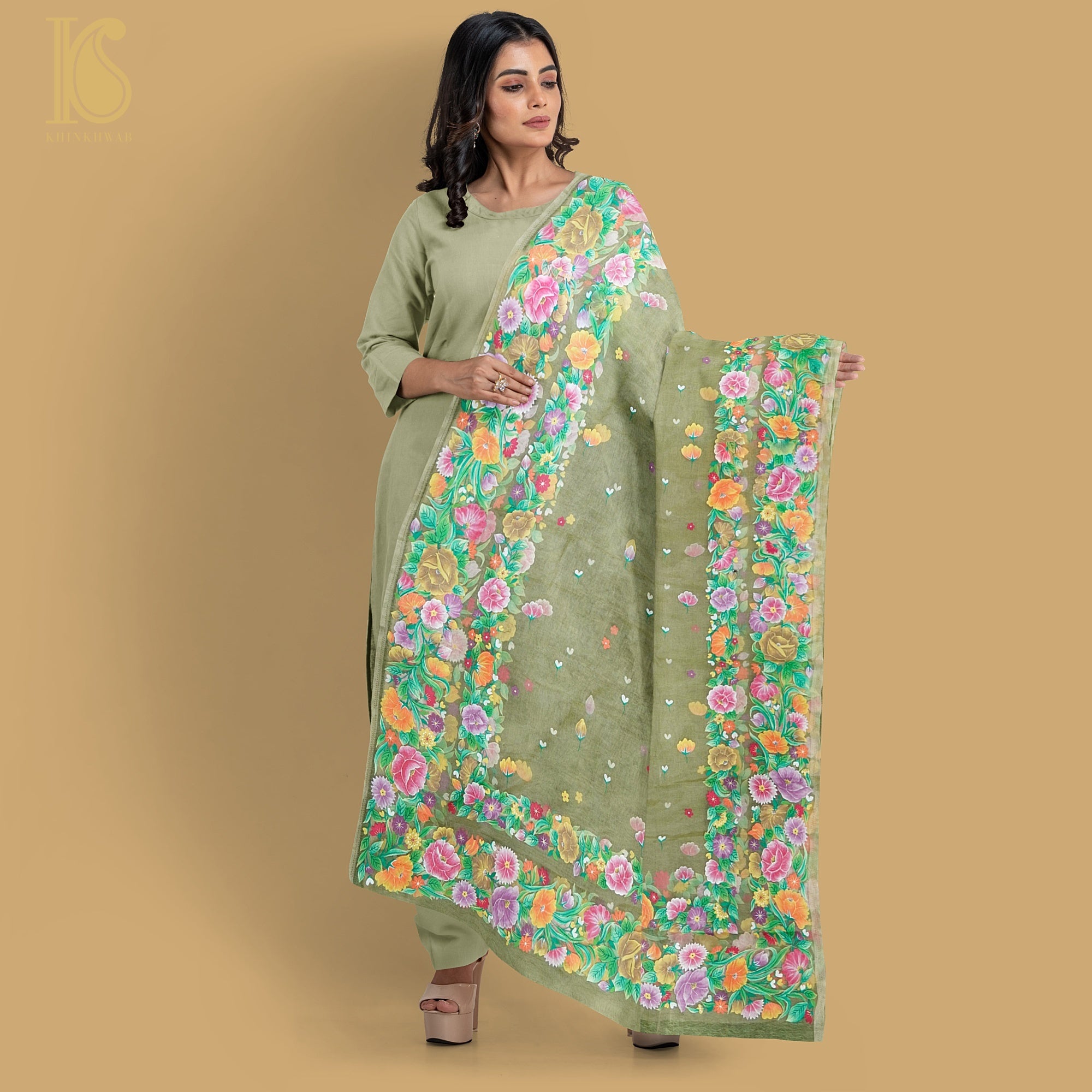 Pastel Green Pure Organza Silk Dupatta with Hand Print - Khinkhwab