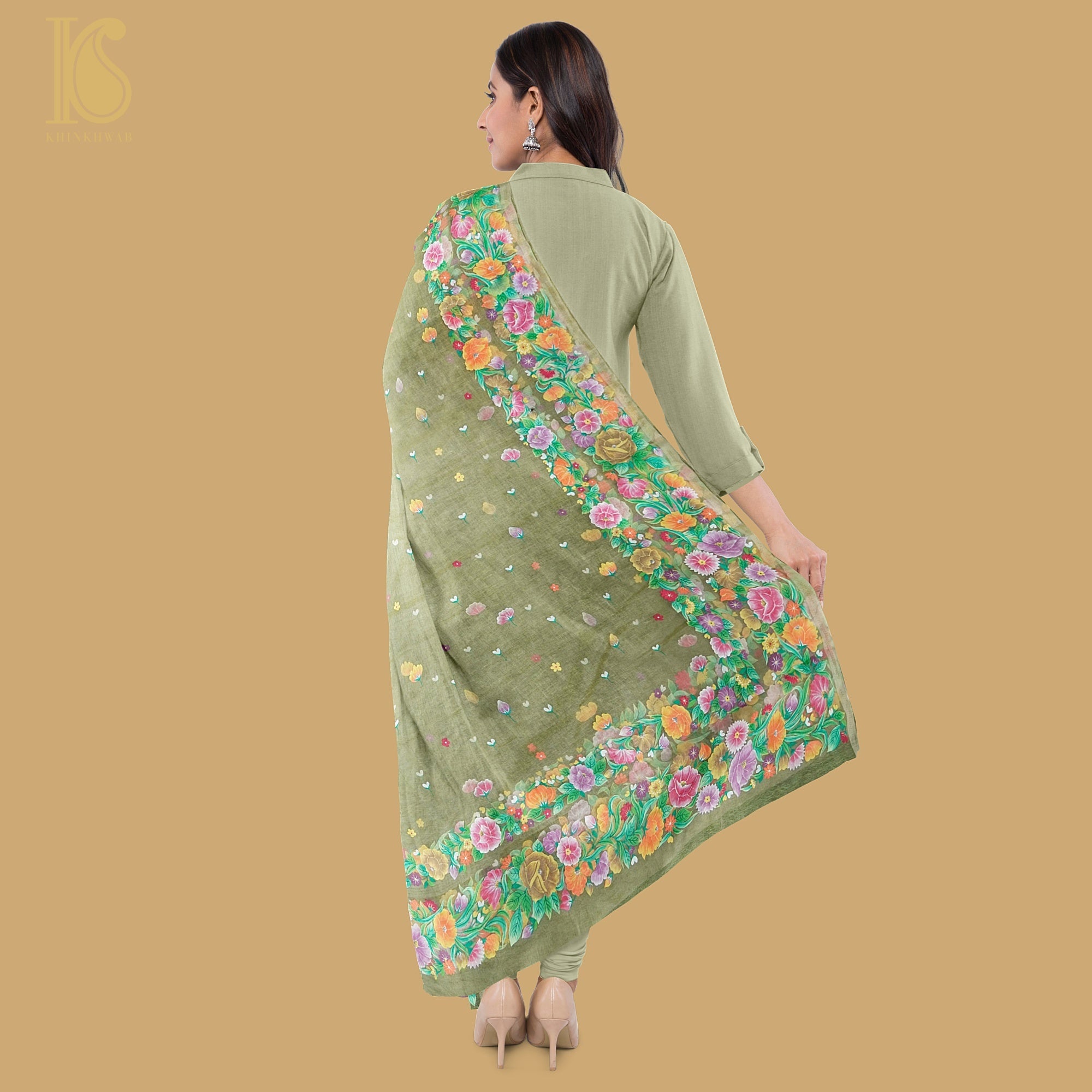 Pastel Green Pure Organza Silk Dupatta with Hand Print - Khinkhwab