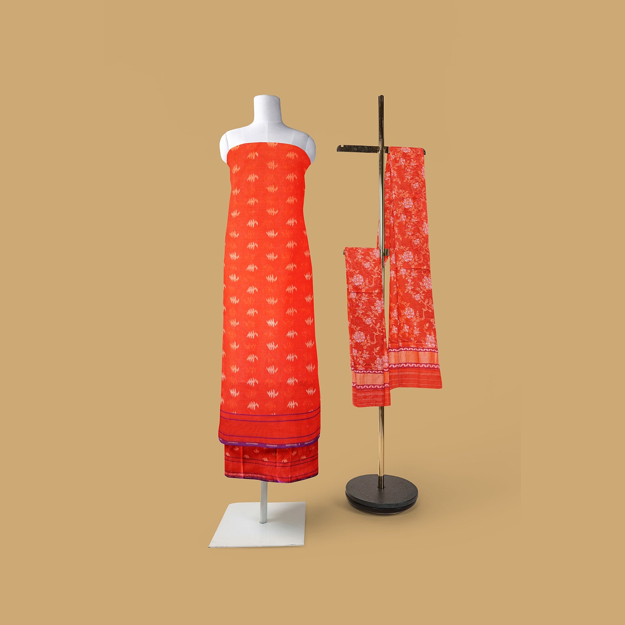 Red Orange Handloom Pure Cotton Banarasi Jamdani Ektara Suit Fabric Set - Khinkhwab