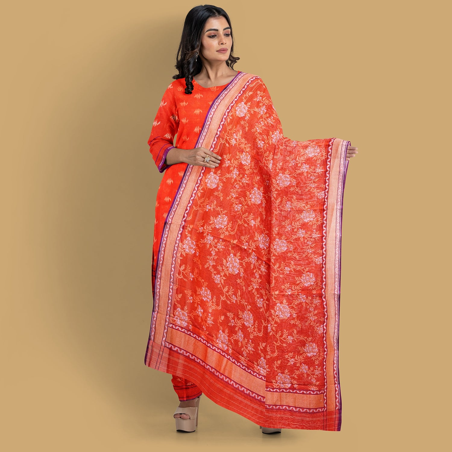 Red Orange Handloom Pure Cotton Banarasi Jamdani Ektara Suit Fabric Set - Khinkhwab
