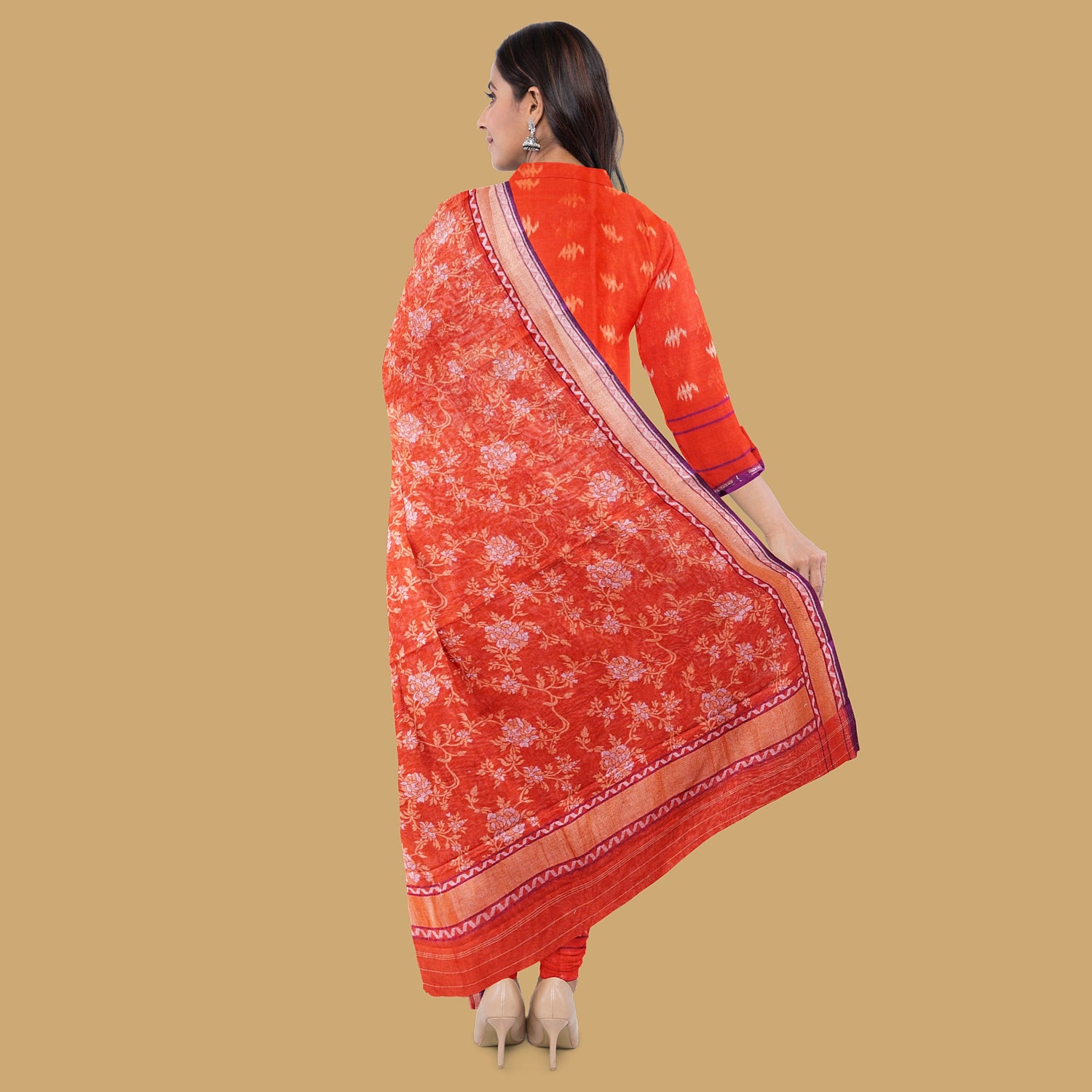 Red Orange Handloom Pure Cotton Banarasi Jamdani Ektara Suit Fabric Set - Khinkhwab