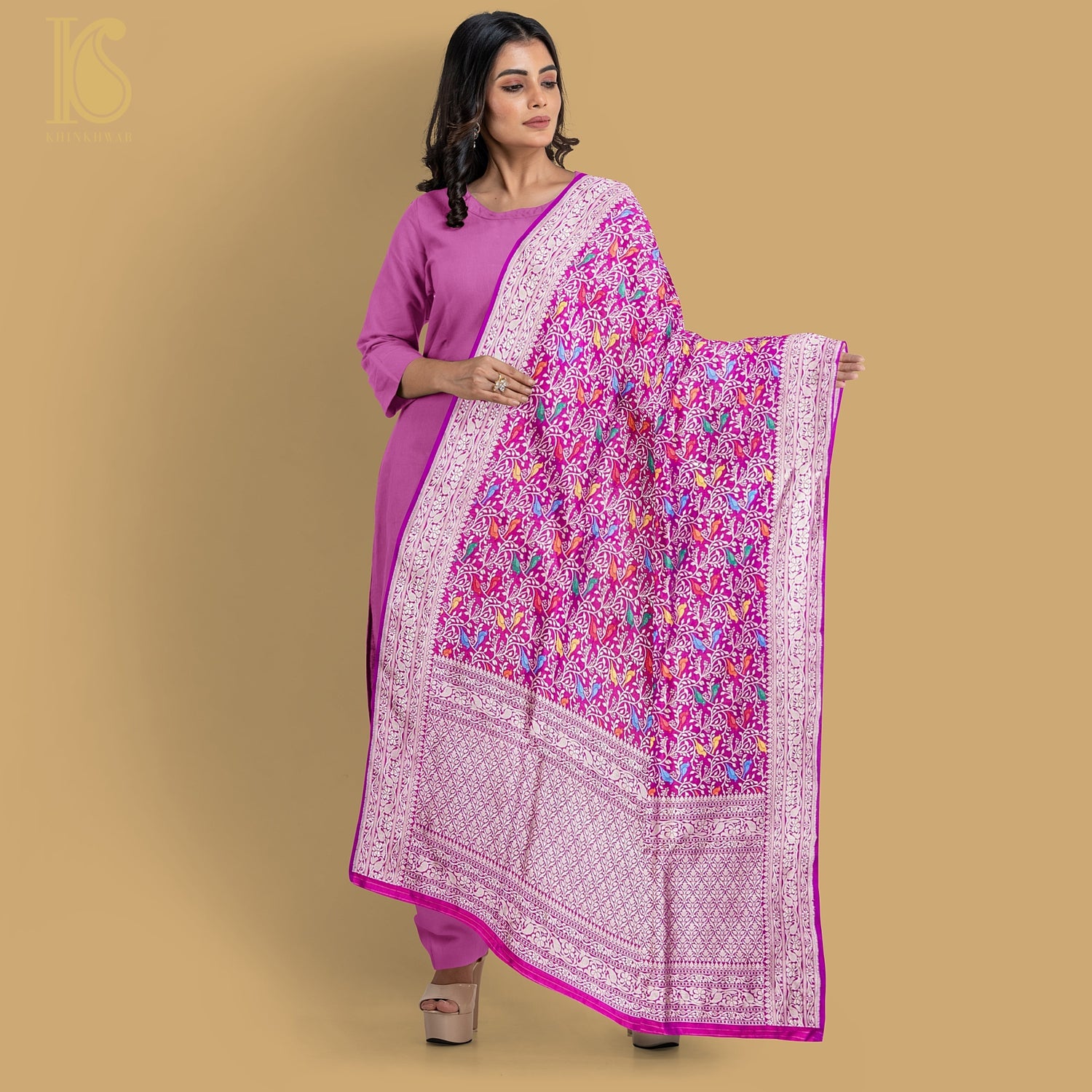 Purple Pure Katan Silk Handwoven Banarasi Jaal Chidiya Dupatta - Preorder - Khinkhwab