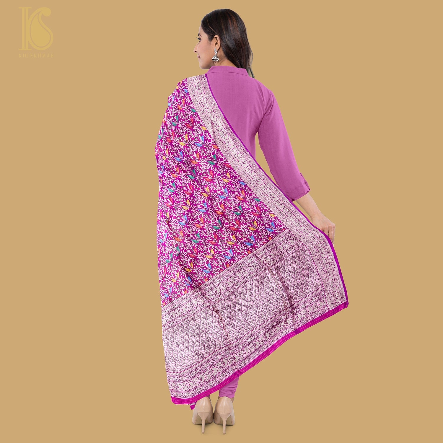 Purple Pure Katan Silk Handwoven Banarasi Jaal Chidiya Dupatta - Preorder - Khinkhwab