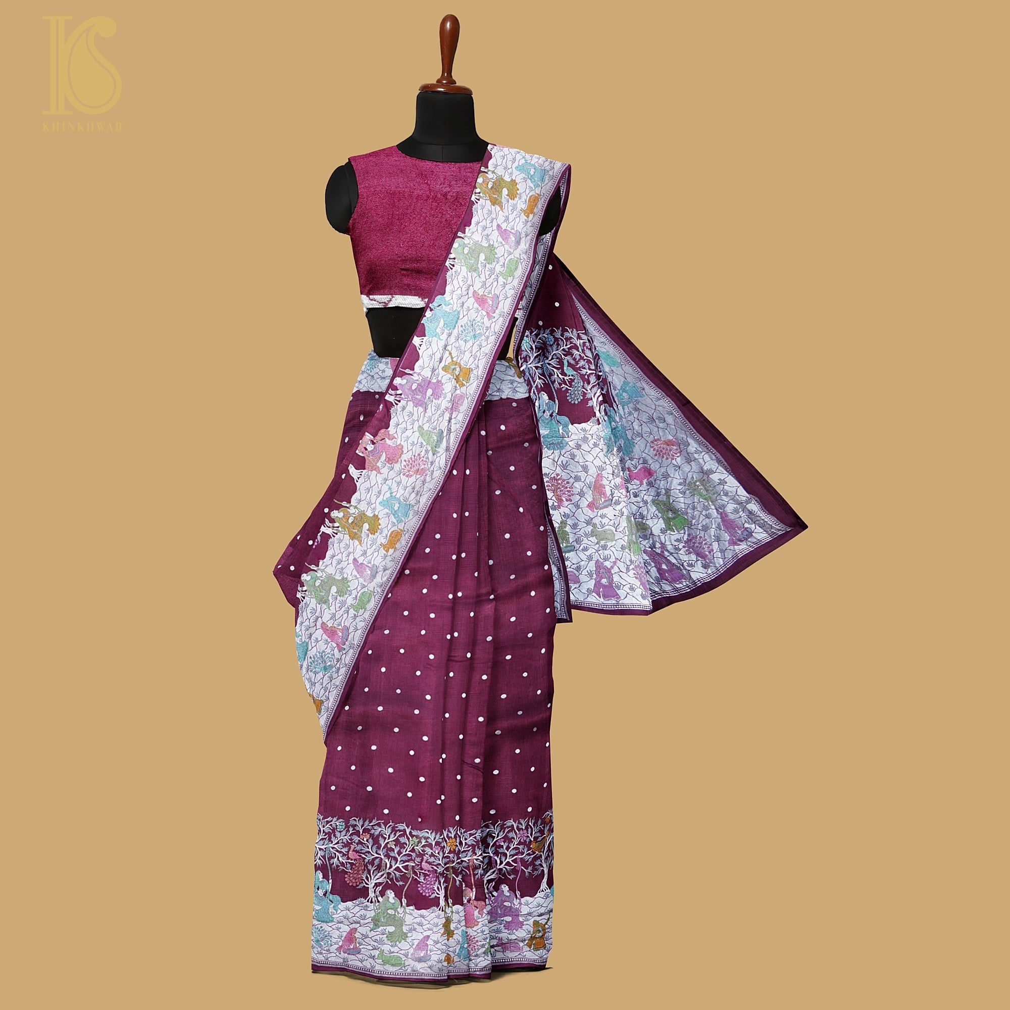 Rouge Red Pure Tussar Silk Handloom Banarasi Sakhi Saree - Khinkhwab