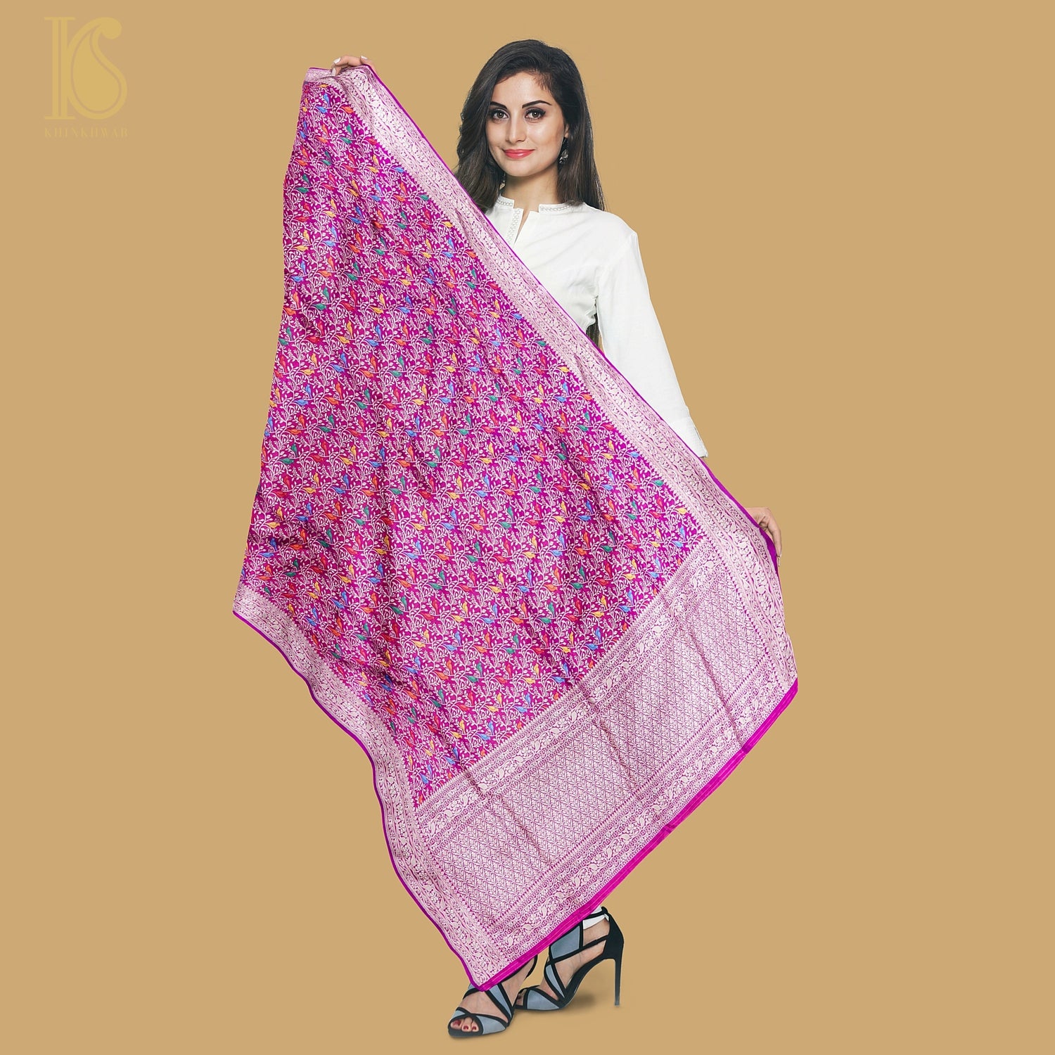 Purple Pure Katan Silk Handwoven Banarasi Jaal Chidiya Dupatta - Preorder - Khinkhwab