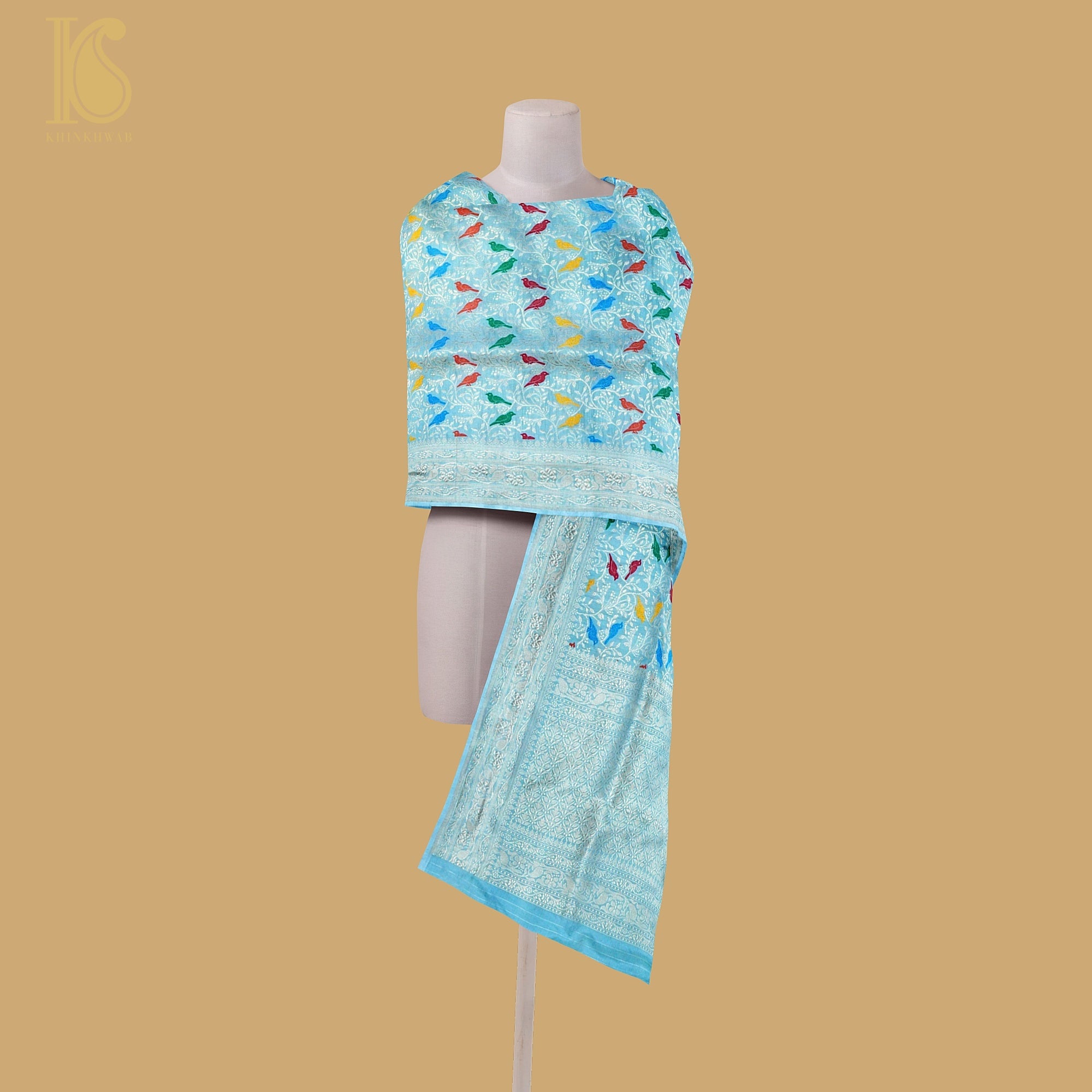 Blue Pure Katan Silk Handwoven Banarasi Jaal Chidiya Dupatta - Khinkhwab