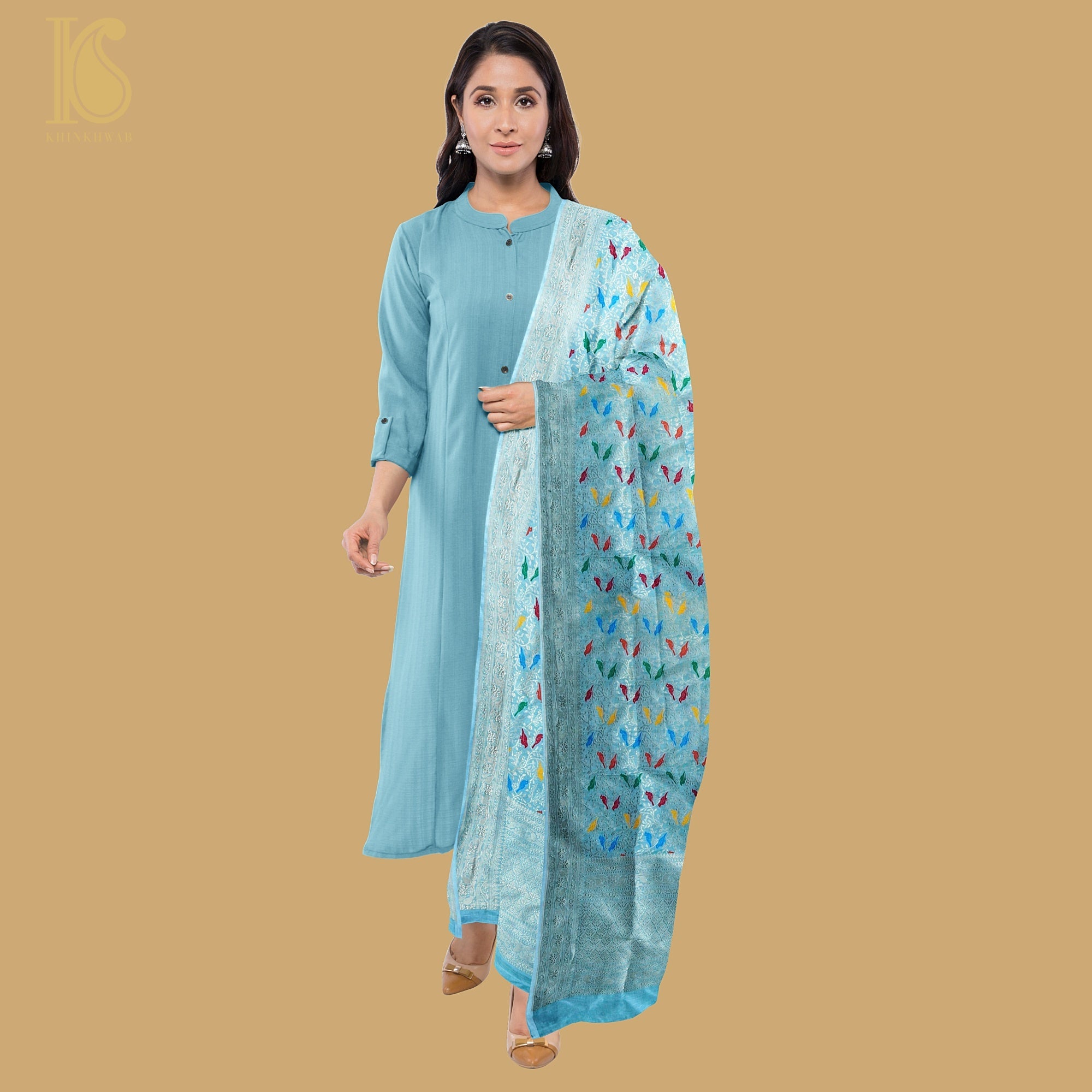 Blue Pure Katan Silk Handwoven Banarasi Jaal Chidiya Dupatta - Khinkhwab
