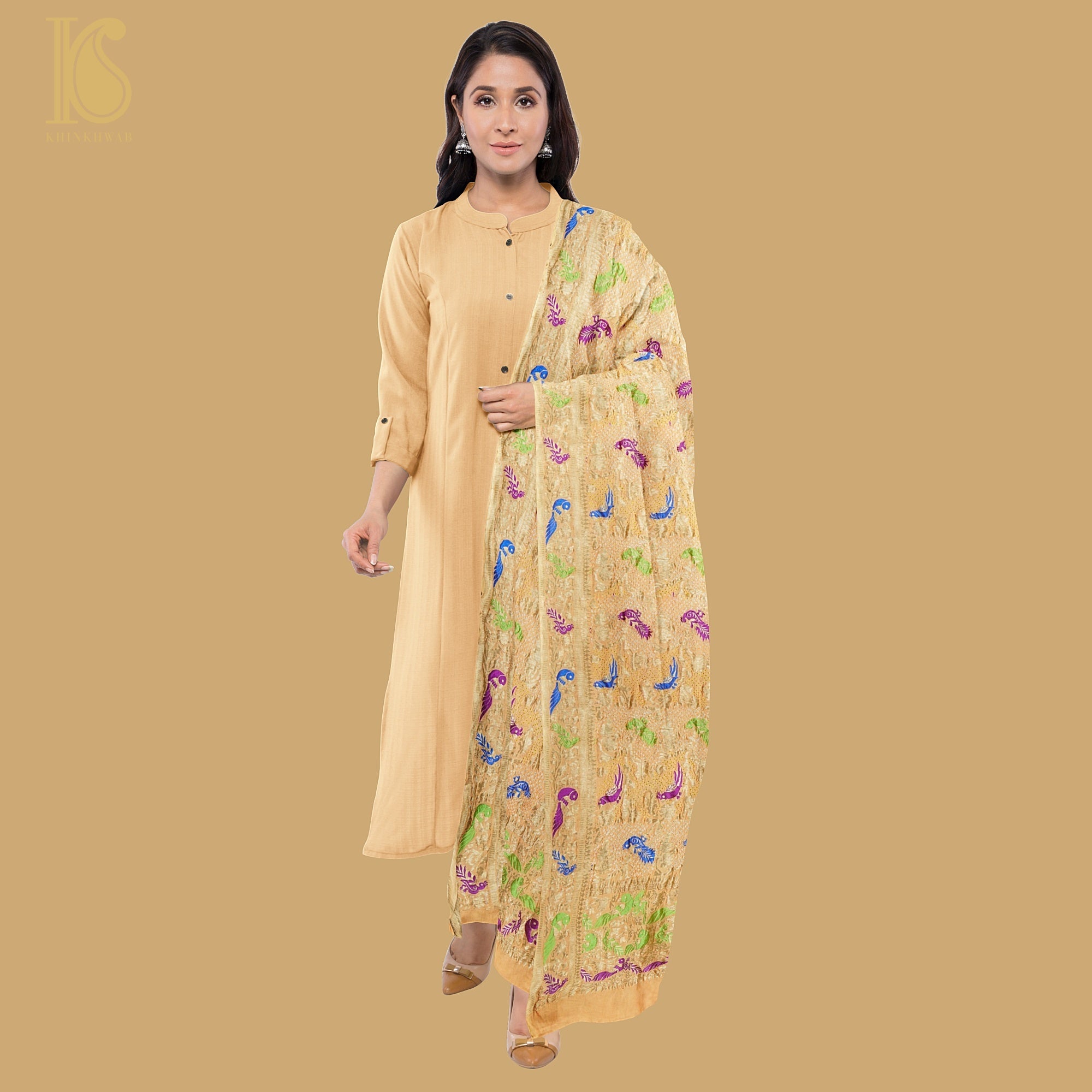 Birds of Paradise Yellow Pure Georgette Handloom Banarasi Bandhani Dupatta - Khinkhwab