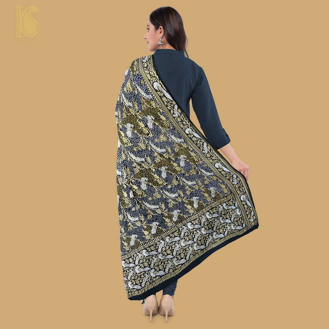 Birds of Paradise - Black Georgette Handloom Bandhani Banarasi Dupatta - Khinkhwab